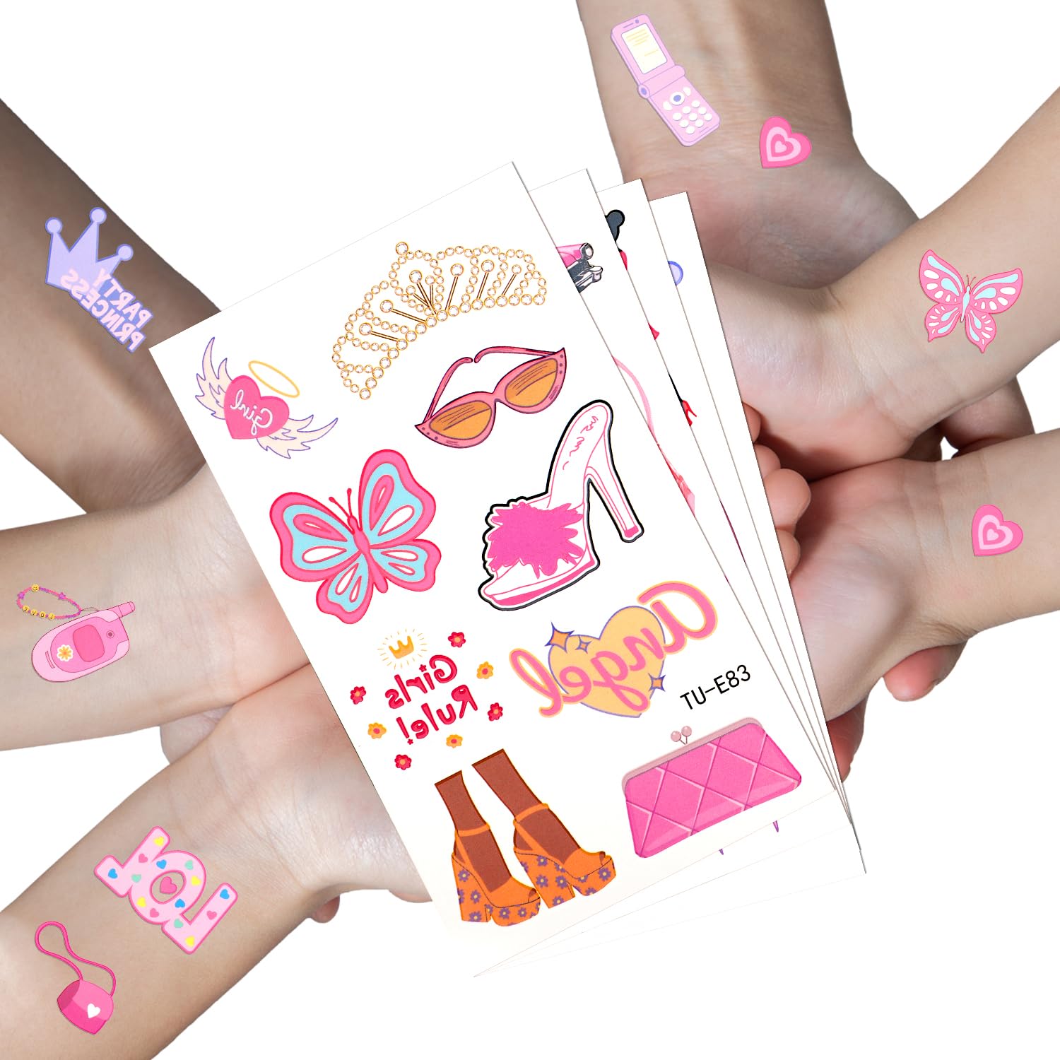 10 hojas de tatuajes temporales rosados para niñas, 77 patrones, tatuajes temporales de despedida de soltera, tatuajes temporales Y2K, recuerdos de