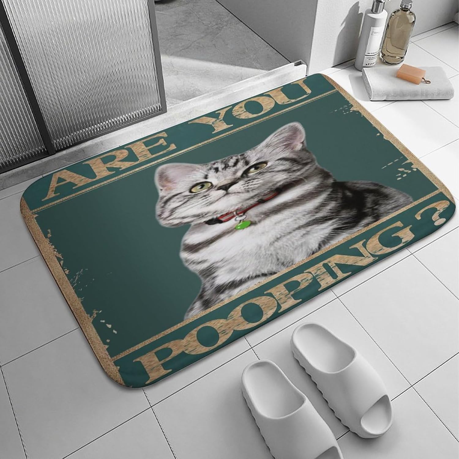 Divertido tapete de baño, tapete de baño con texto en inglés “are you pooping”, tapete de baño de gato, tapete de baño original, vintage, de estaño,