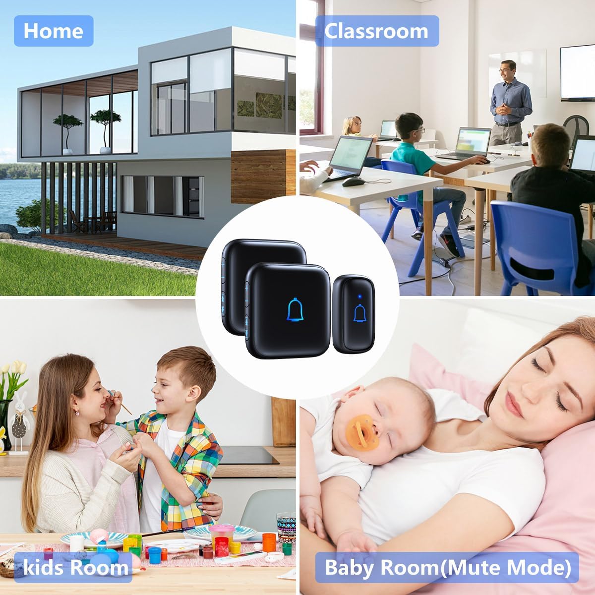 Timbre inalámbrico IP66 resistente al agua de 1000 pies con 56 timbres de 115 dB 7 niveles de volumen, modo de silencio con flash LED, timbre