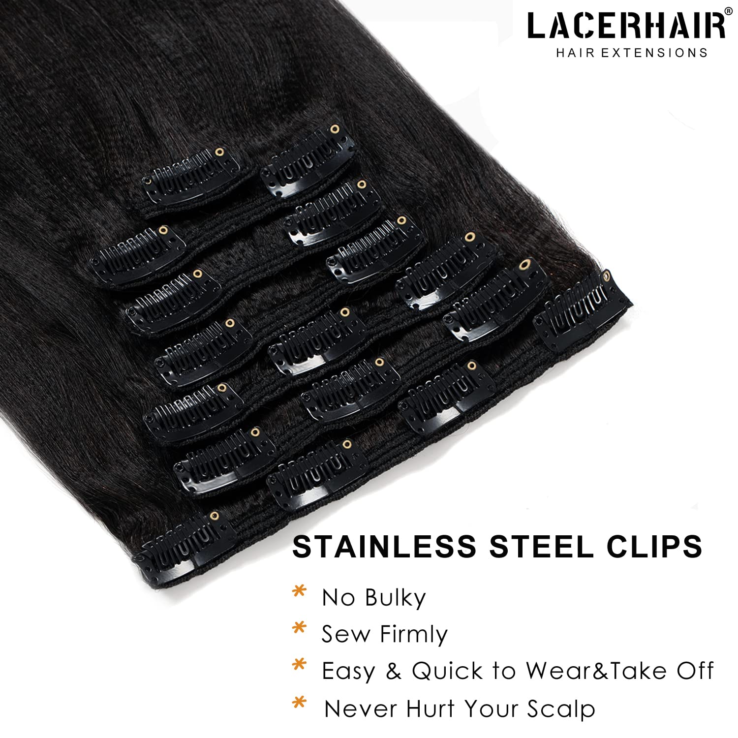 Lacer Extensiones de cabello humano Remy grueso y suave con clip, color negro azabache de 18 pulgadas, cabello humano lacio Yaki para mujeres