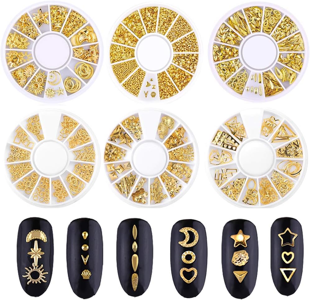 Beuniar Micro cuentas de uñas 3D, suministros de uñas doradas, decoraciones de metal, 6 cajas de estrella, luna, corazón, triángulo, remache