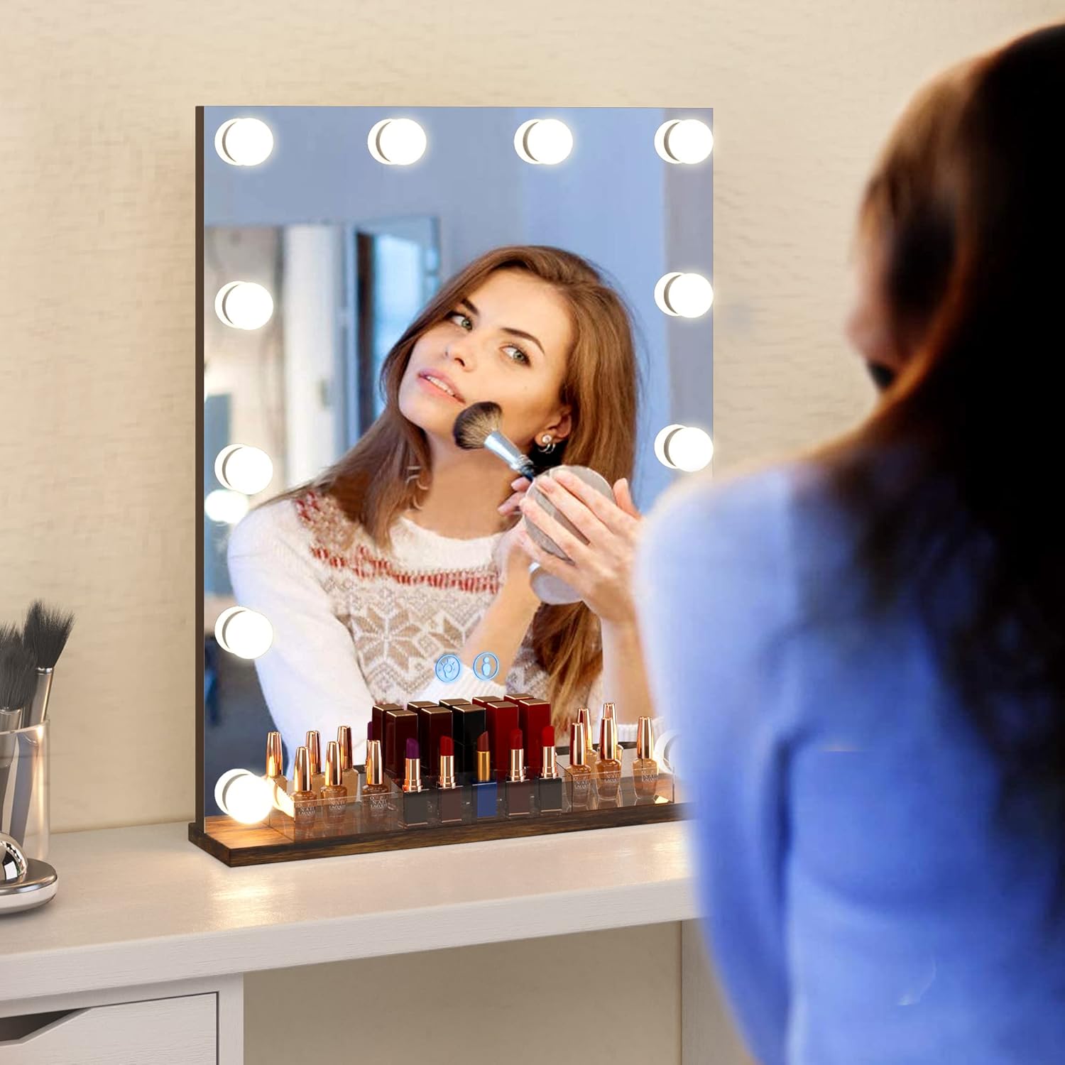 LVSOMT Espejo de tocador con luces, espejo de maquillaje iluminado para escritorio, espejo de tocador de Hollywood con organizador de maquillaje, 3