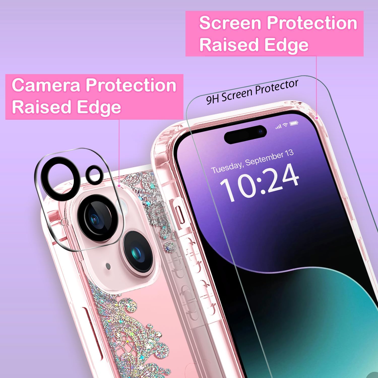 Coolwee Funda transparente antiamarillamiento con purpurina para iPhone 15, 6.1 pulgadas, 6.6 pies, protección de grado militar, protector de