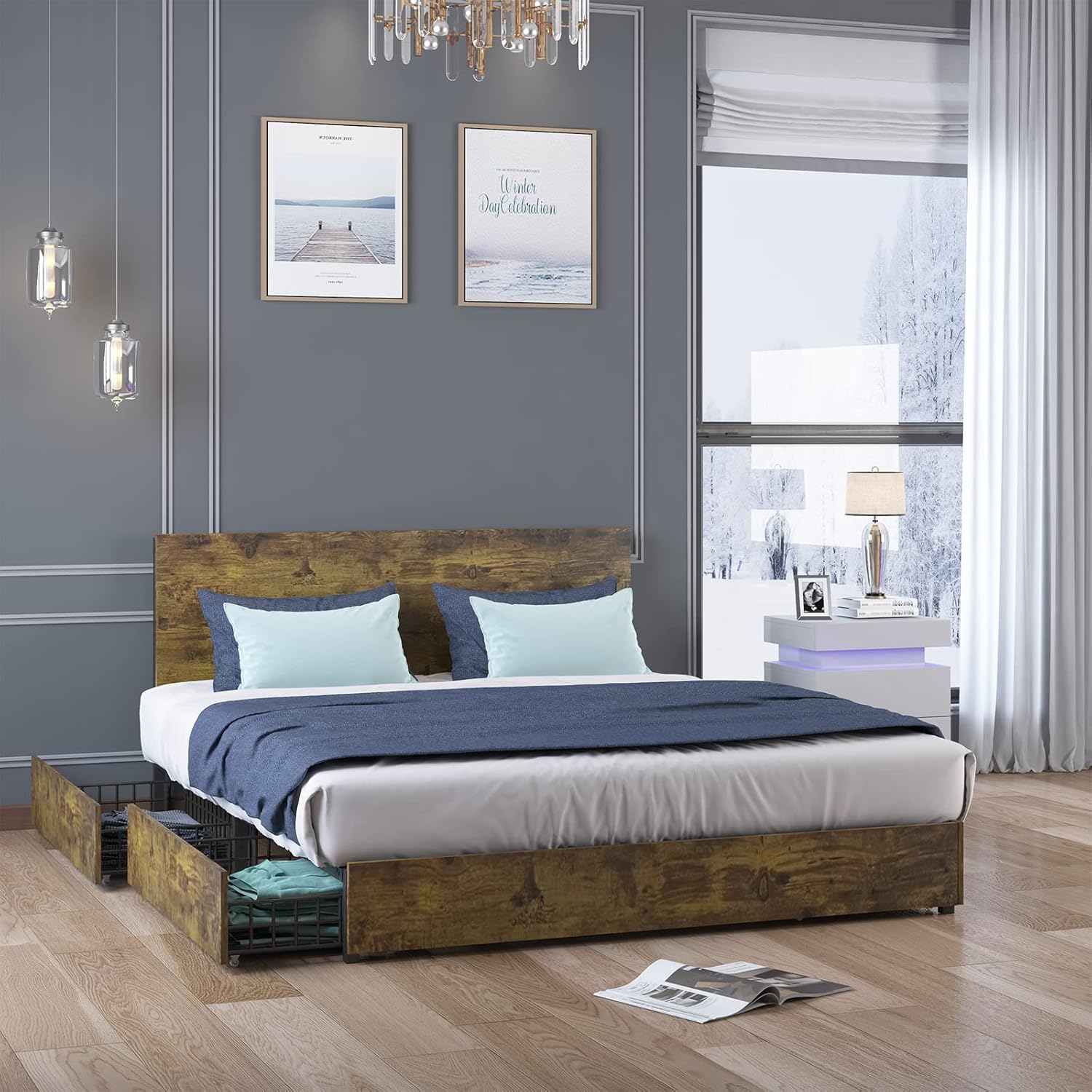 ZAFLY Base de cama de plataforma de tamaño matrimonial, marco de cama de madera industrial con cajones de almacenamiento y cabecera de madera,