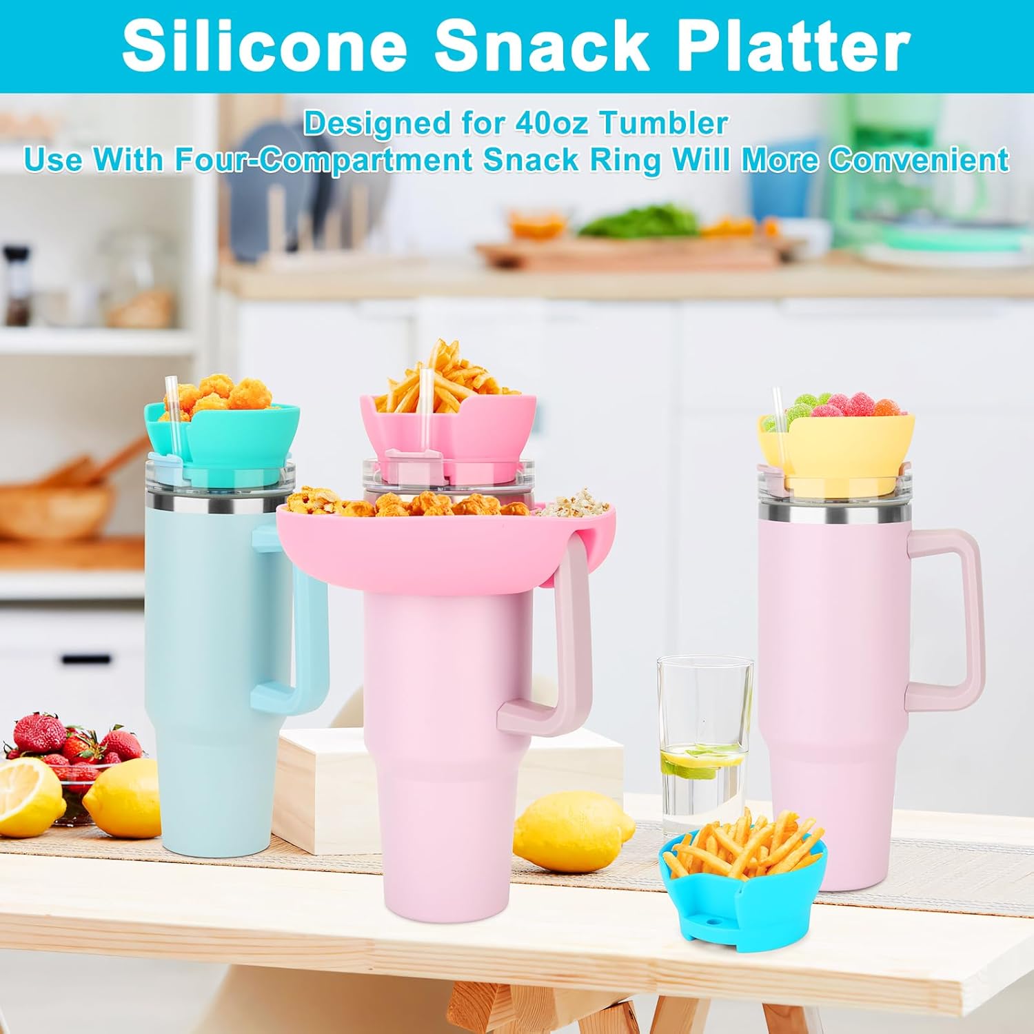 Stanley – Tazón de aperitivos para vaso Stanley de 40 onzas con asa, bandeja de aperitivos con agujero para popote para vaso Stanley, soporte para