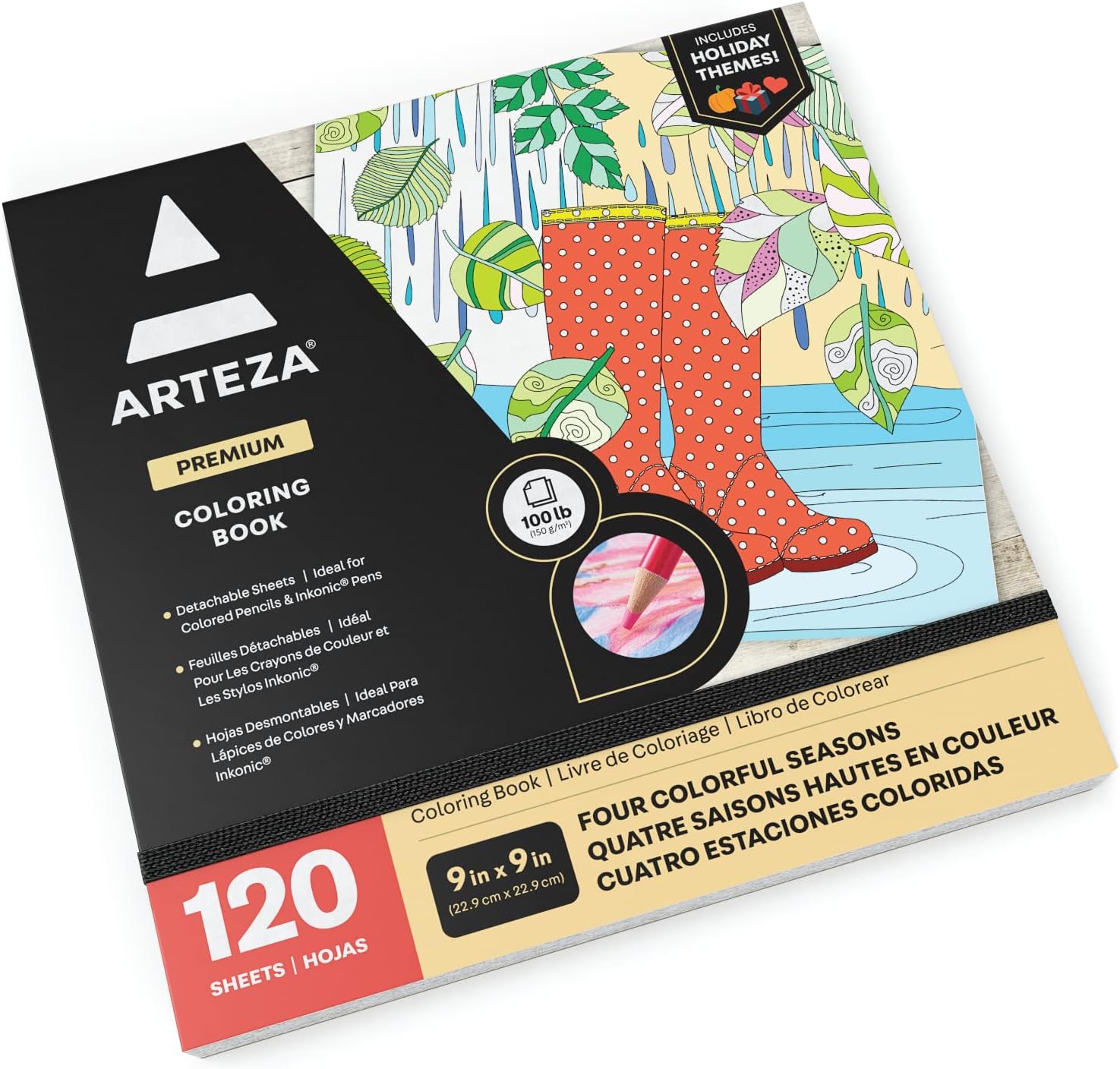 Arteza Libro para colorear para adultos, 120 hojas desmontables, 9 x 9 pulgadas, tema de 4 estaciones, papel de 100 libras, suministros de arte para