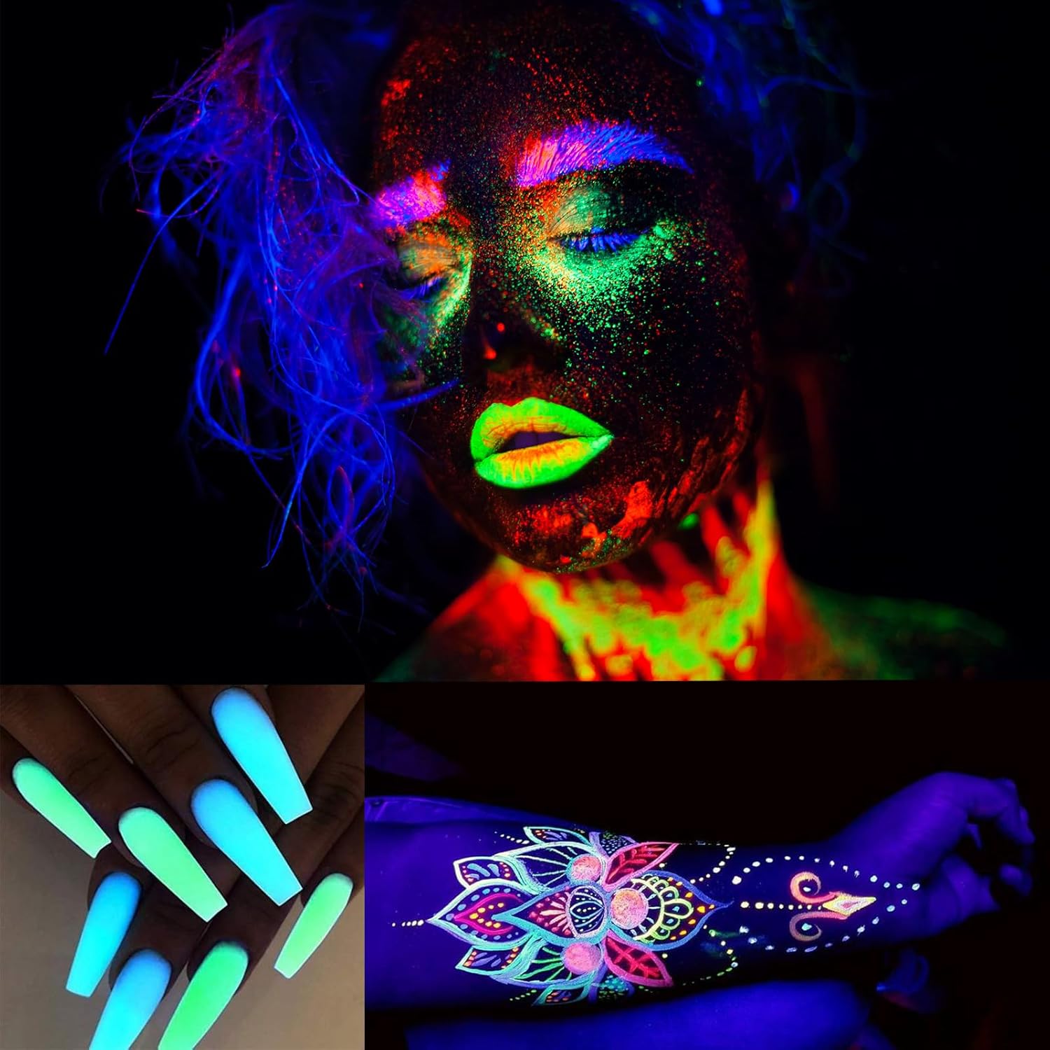 BADCOLOR Paquete de 5 brillos corporales neón UV + kit de pegamento de secado rápido, polvo brillante para cara, cabello, maquillaje de ojos, arte