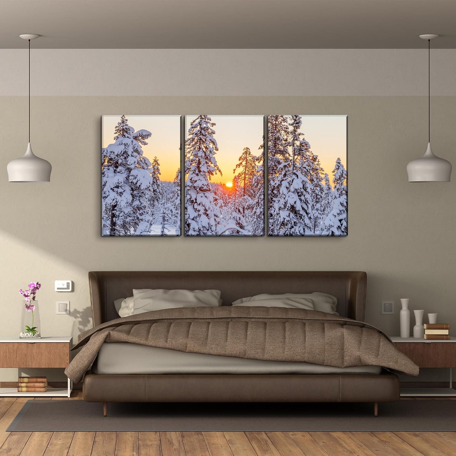 YONICA Lienzo decorativo de 3 paneles para decoración de oficina en casa, hermoso paisaje con árboles nevados y puesta de sol, impresiones en