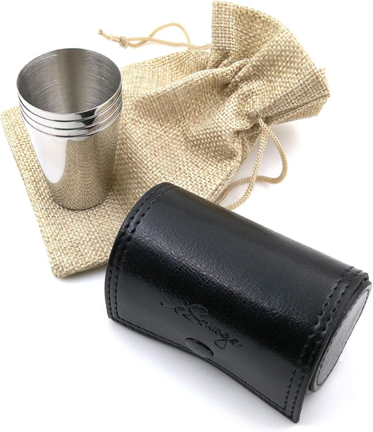 iSavage Vasos de chupito con funda de cuero negro de 1.2 onzas cada juego de 4 vasos de acero inoxidable 188, 1 bolsa reutilizable – YM201