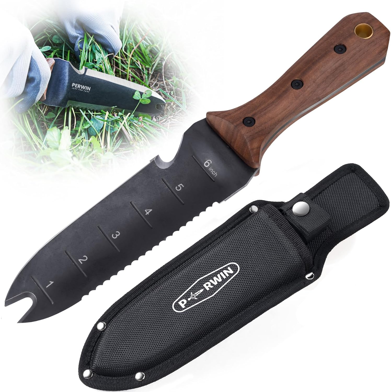 PERWIN Hori Hori – Cuchillo de jardín, herramientas de jardín con funda para desmalezar, plantar, excavar, hoja de acero inoxidable de 7 pulgadas