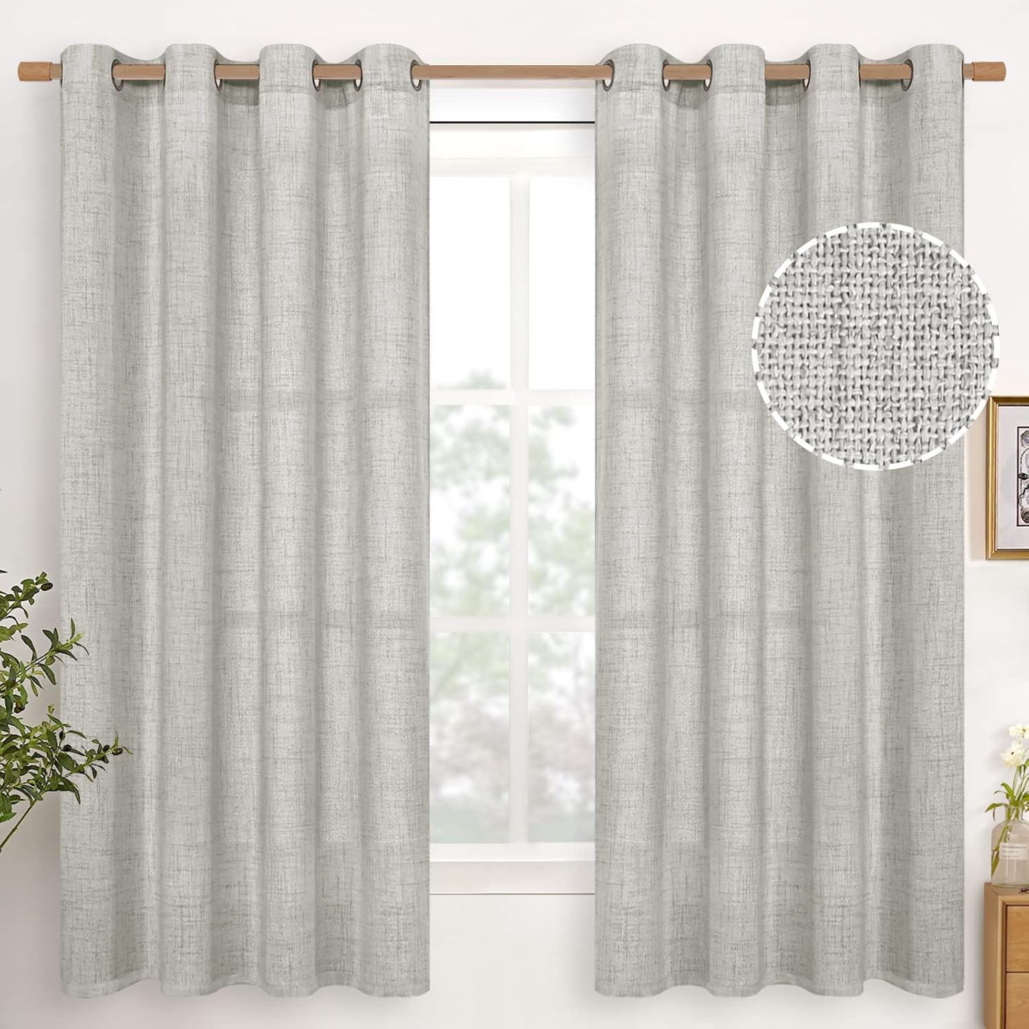 YoungsTex Cortinas de lino de 63 pulgadas de largo para sala de estar corta, cortinas de lino gris claro con ojales de bronce, cortinas de ventana