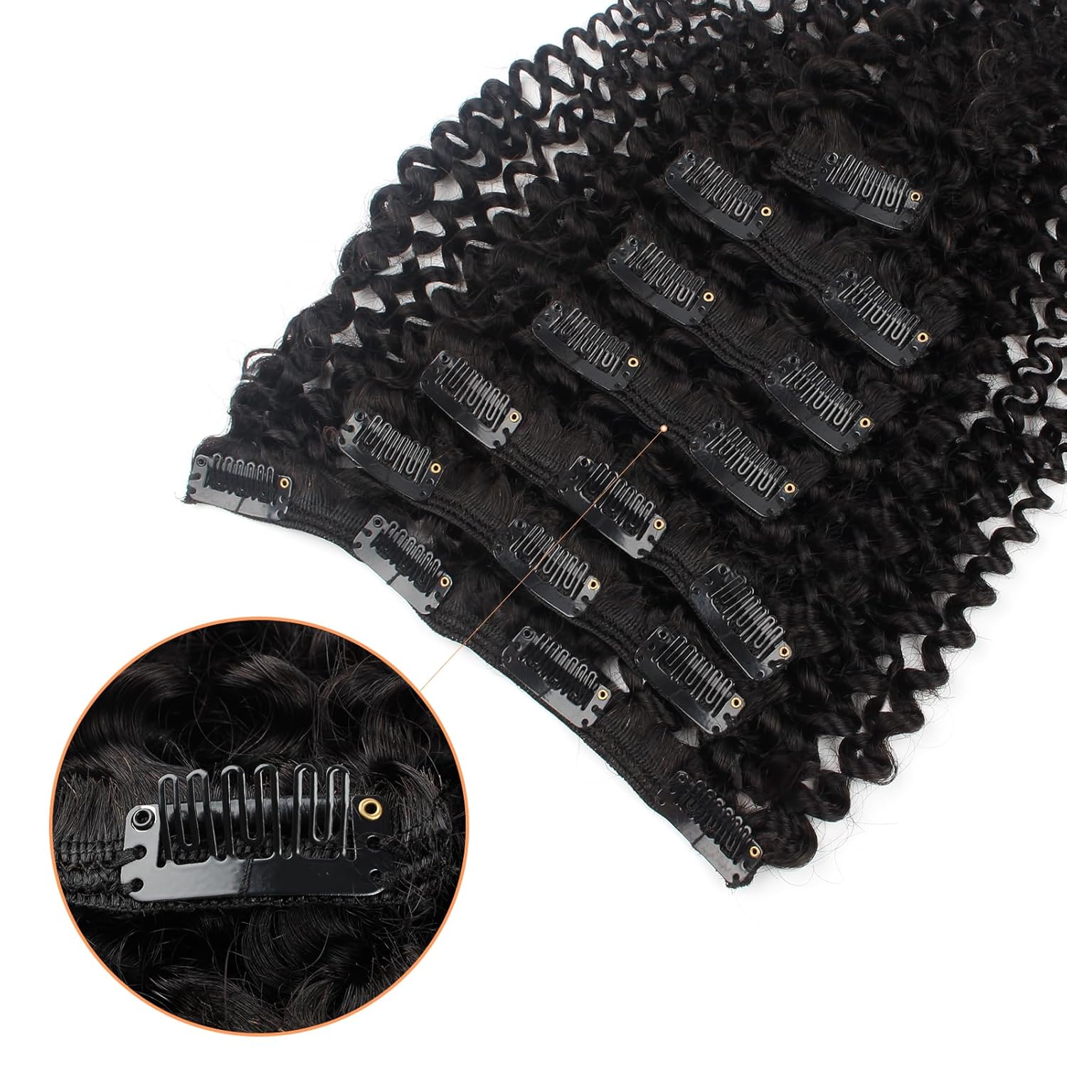 Extensiones de cabello rizado con clip, doble trama, grueso, cabeza completa, color negro natural, 100 % cabello humano virgen Remy, para mujeres