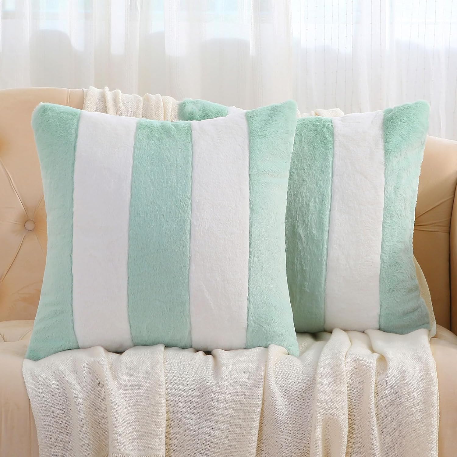 Ikuoic Juego de 2 fundas de almohada a rayas turquesa y blanca de 16 x 16 pulgadas, decoraciones de otoño para el hogar, fundas de almohada