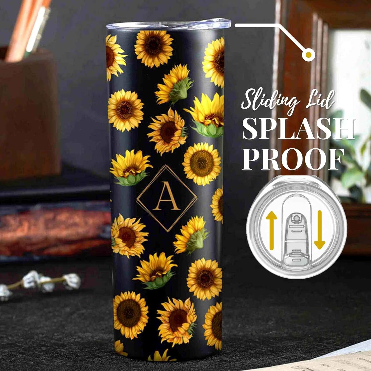 Onebttl Regalos de girasol con inicial para los amantes del girasol, vaso de vino de acero inoxidable con inicial de 20 onzas con diseño de girasol,