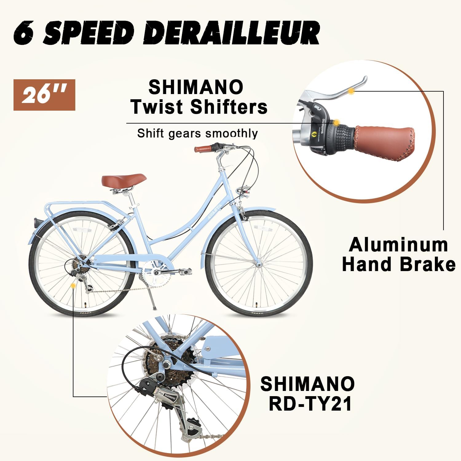 AVASTA Bicicleta híbrida para mujer, ligera, de 26 pulgadas, para ciudad, cómoda, para mujer, 6 velocidades, varios colores