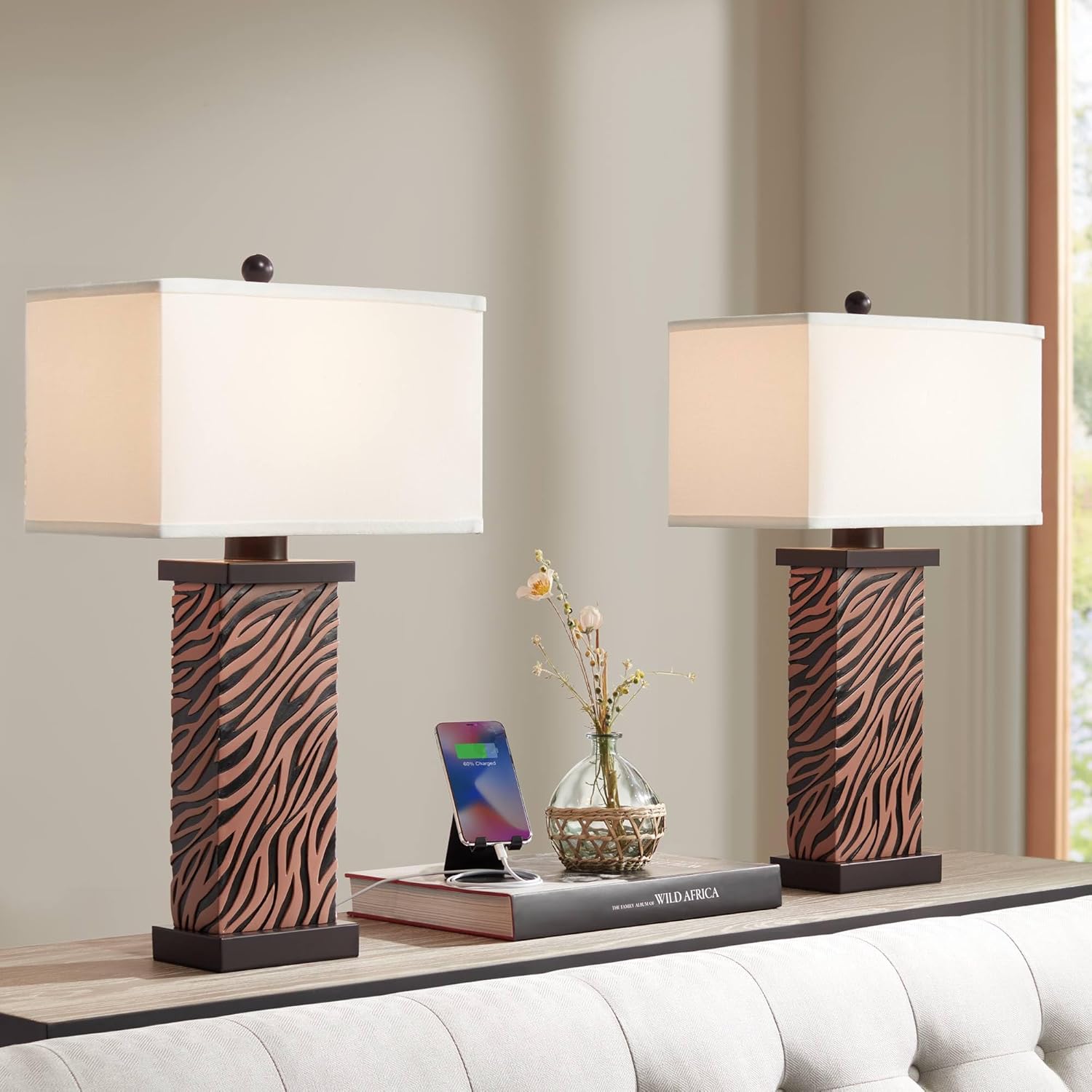 360 Lighting Juego de 2 lámparas de mesa modernas con puerto de carga USB de 27 pulgadas de alto, madera sintética de cebra, pantalla rectangular
