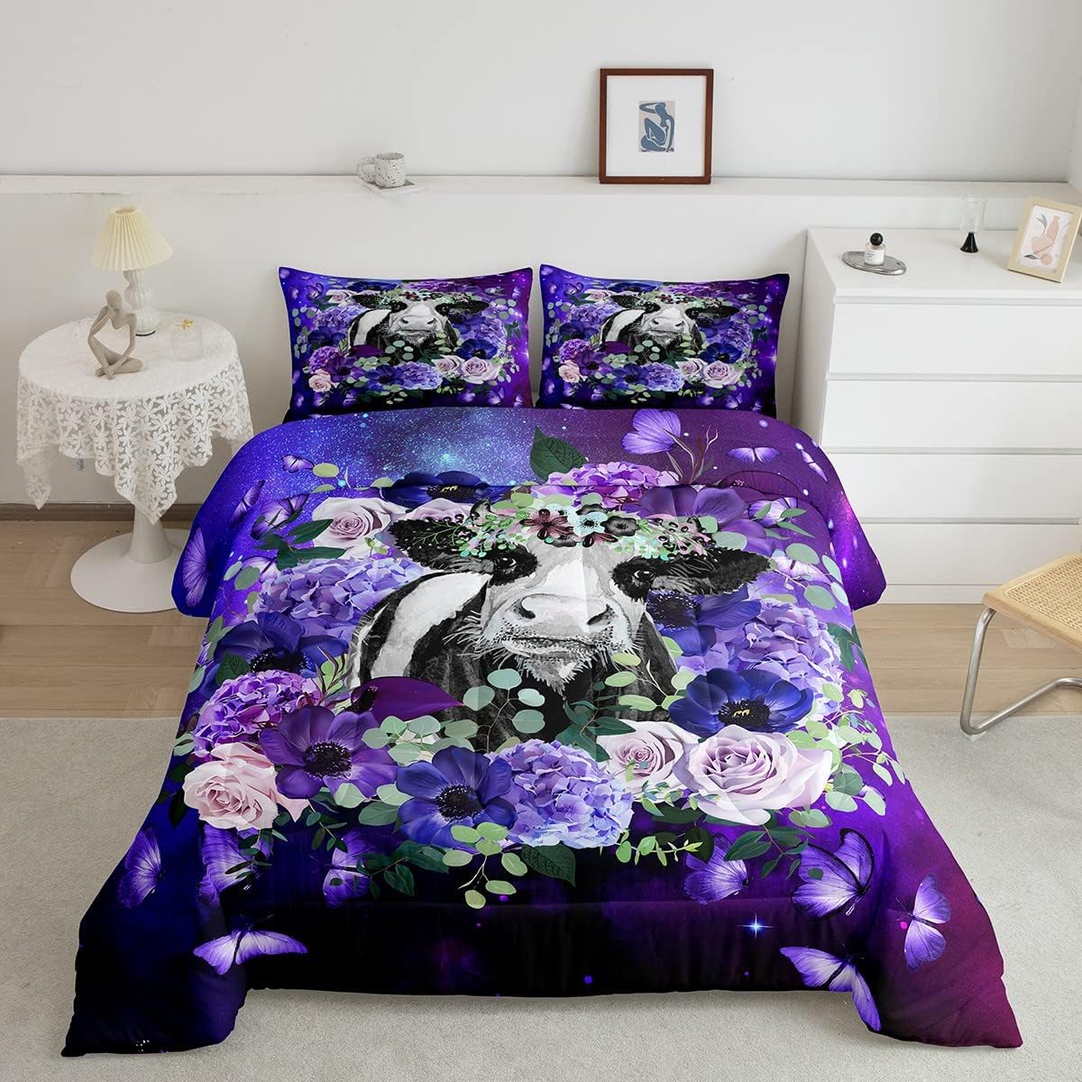 Erosebridal Juego de edredón de vaca de las Highland para niños y niñas, juego de ropa de cama tamaño individual, diseño de mariposa y rosa morado,