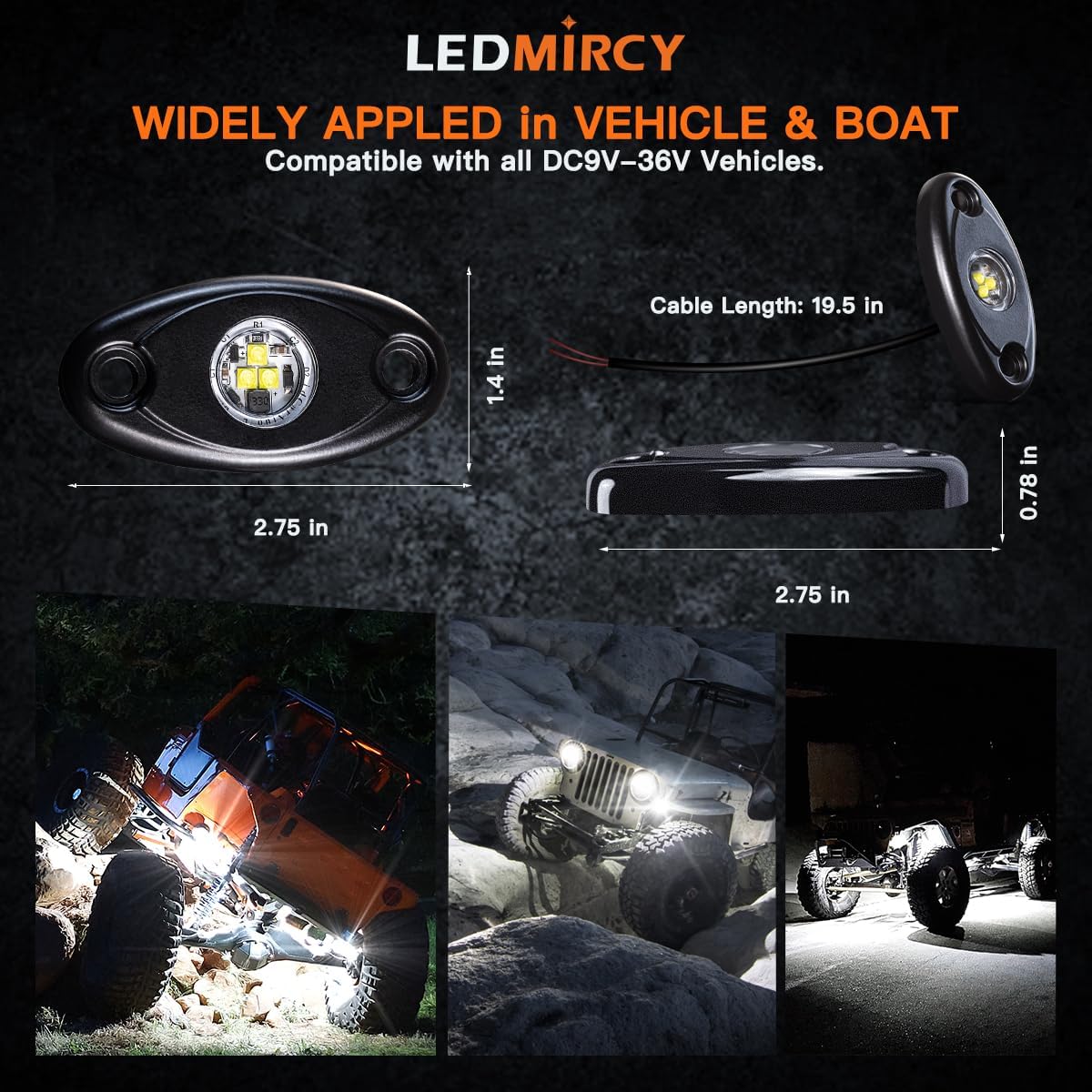 LEDMIRCY Luces LED de roca, color blanco, 2 piezas para todoterreno, camiones, coches, barcos, ATV, SUV, RZR, impermeables, de alta potencia, luces