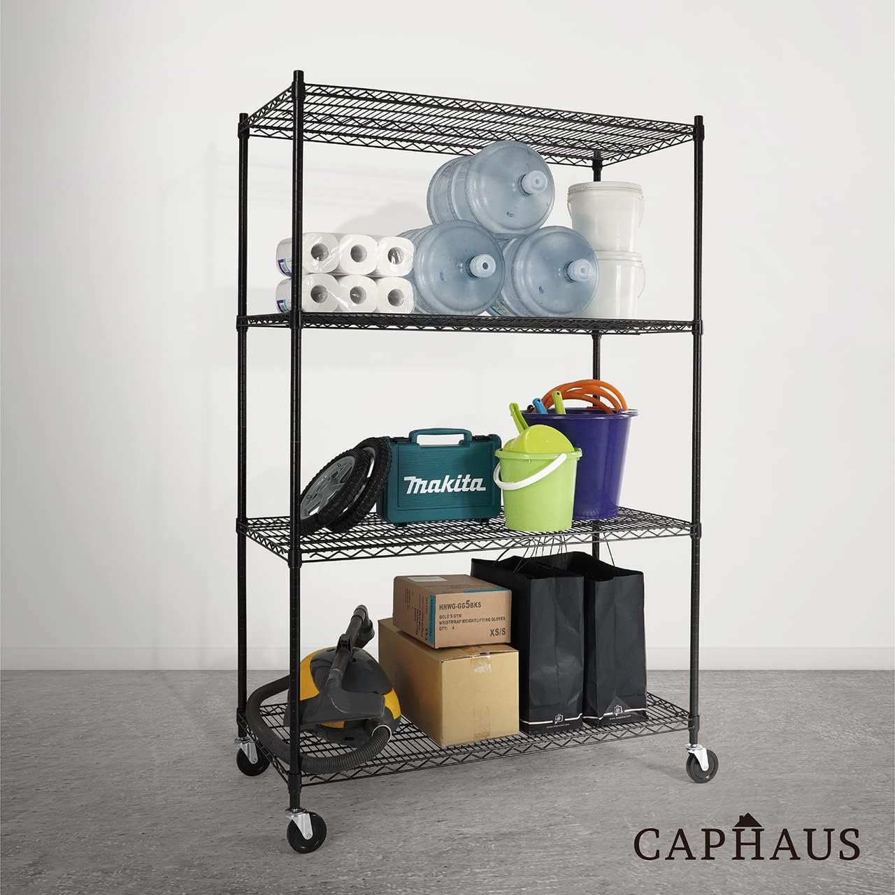 CAPHAUS Estantería de alambre de altura ajustable de 4 niveles de grado comercial con ruedas y pies de nivelación, estante de acero metálico de