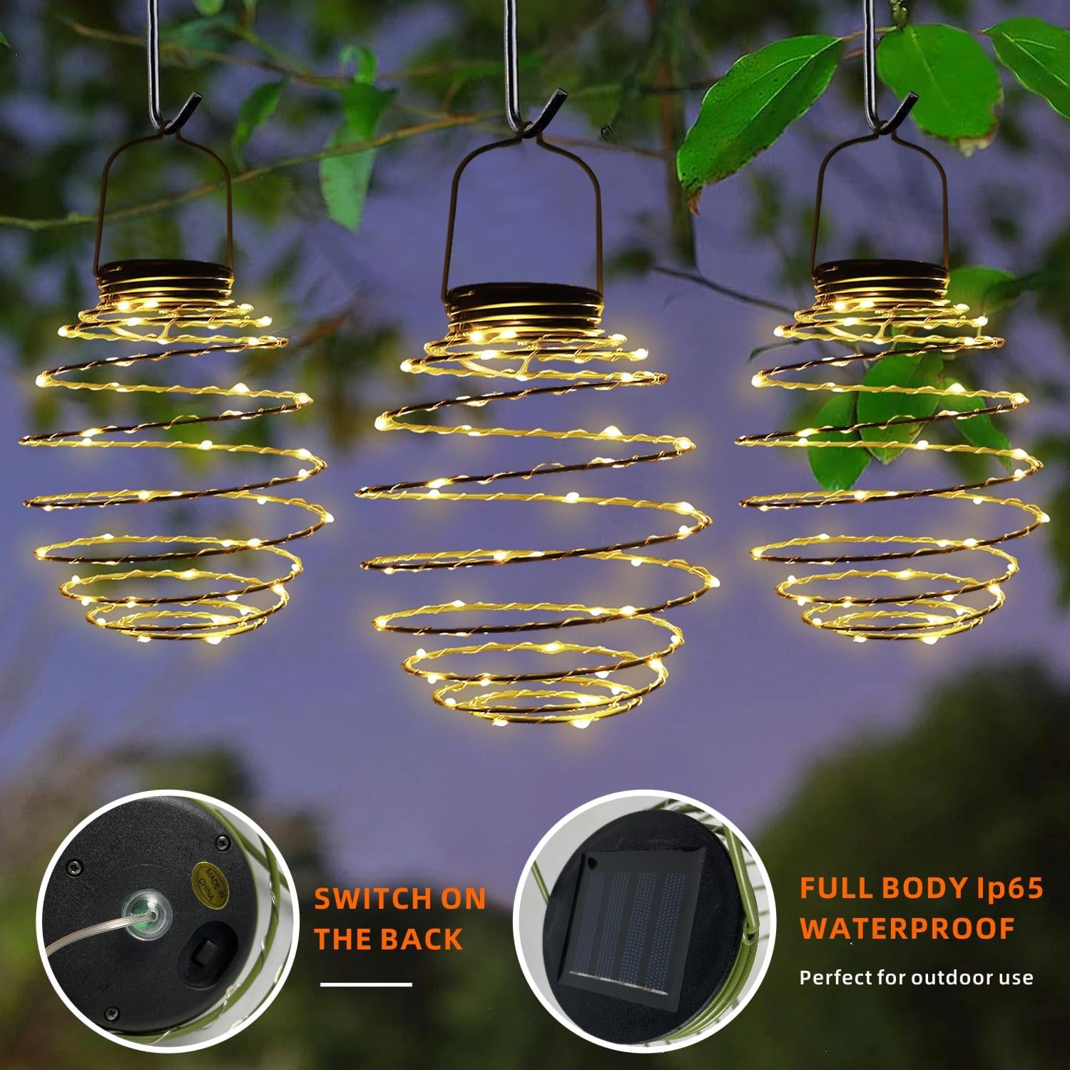 Faroles solares grandes LED en espiral, luces solares de jardín para exteriores, luces colgantes decorativas para exteriores, luz colgante