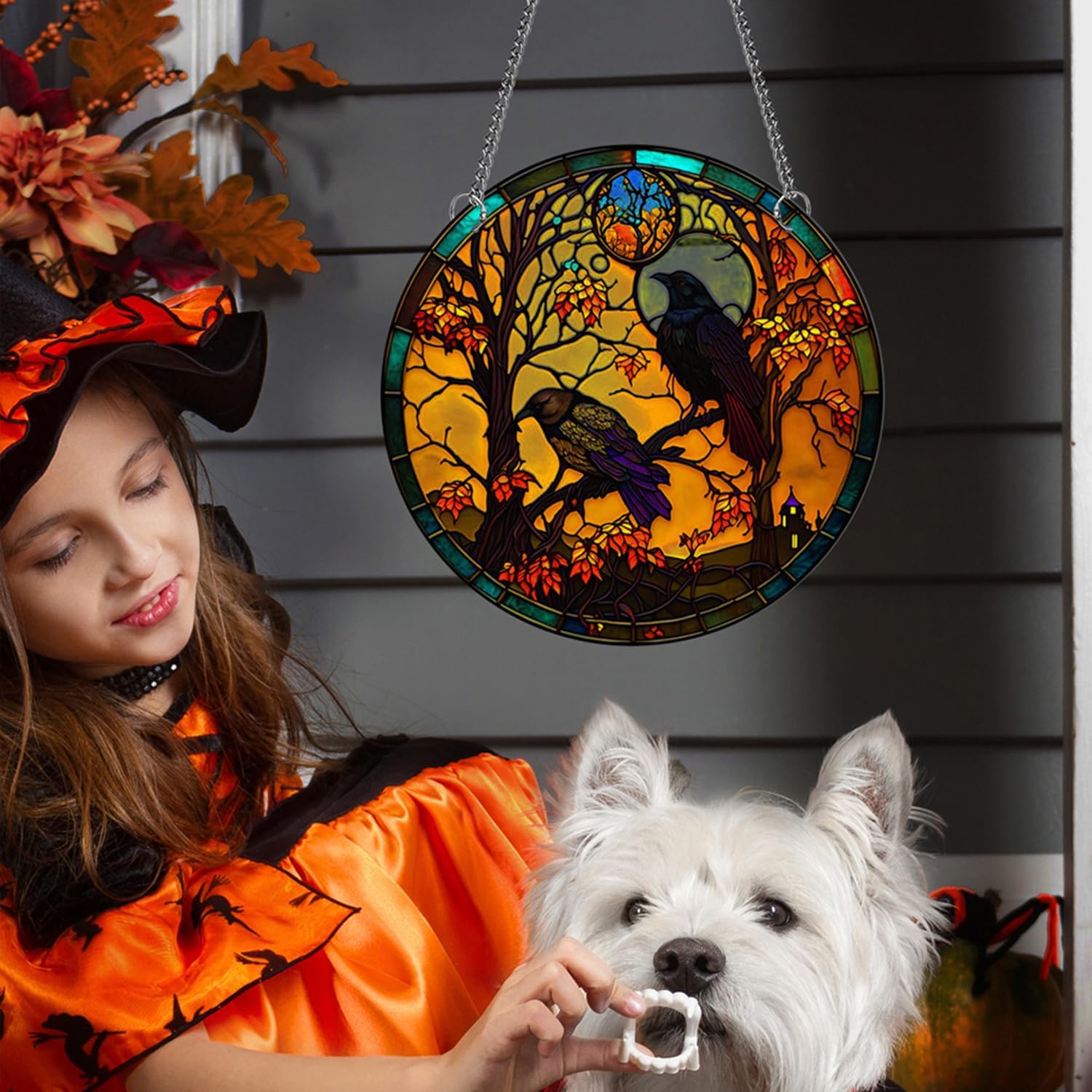 Cuervos de acrílico manchado para colgar en la ventana, decoración de pared de cuervo para los amantes de las aves, decoración de Halloween y otoño
