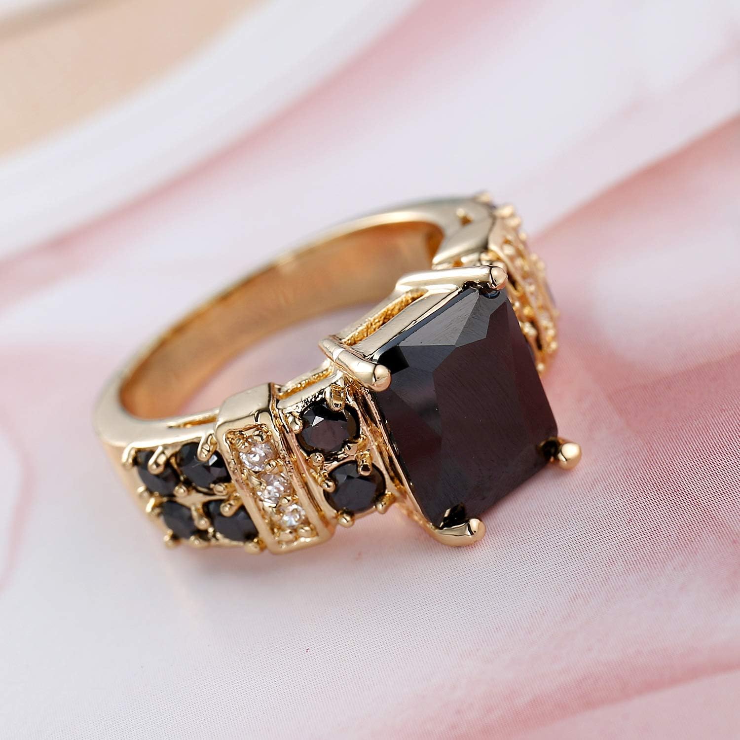 Sdouefos Anillo solitario de piedra preciosa de corte princesa relleno de oro amarillo de 14 quilates de ónix negro Anillo de joyería de boda