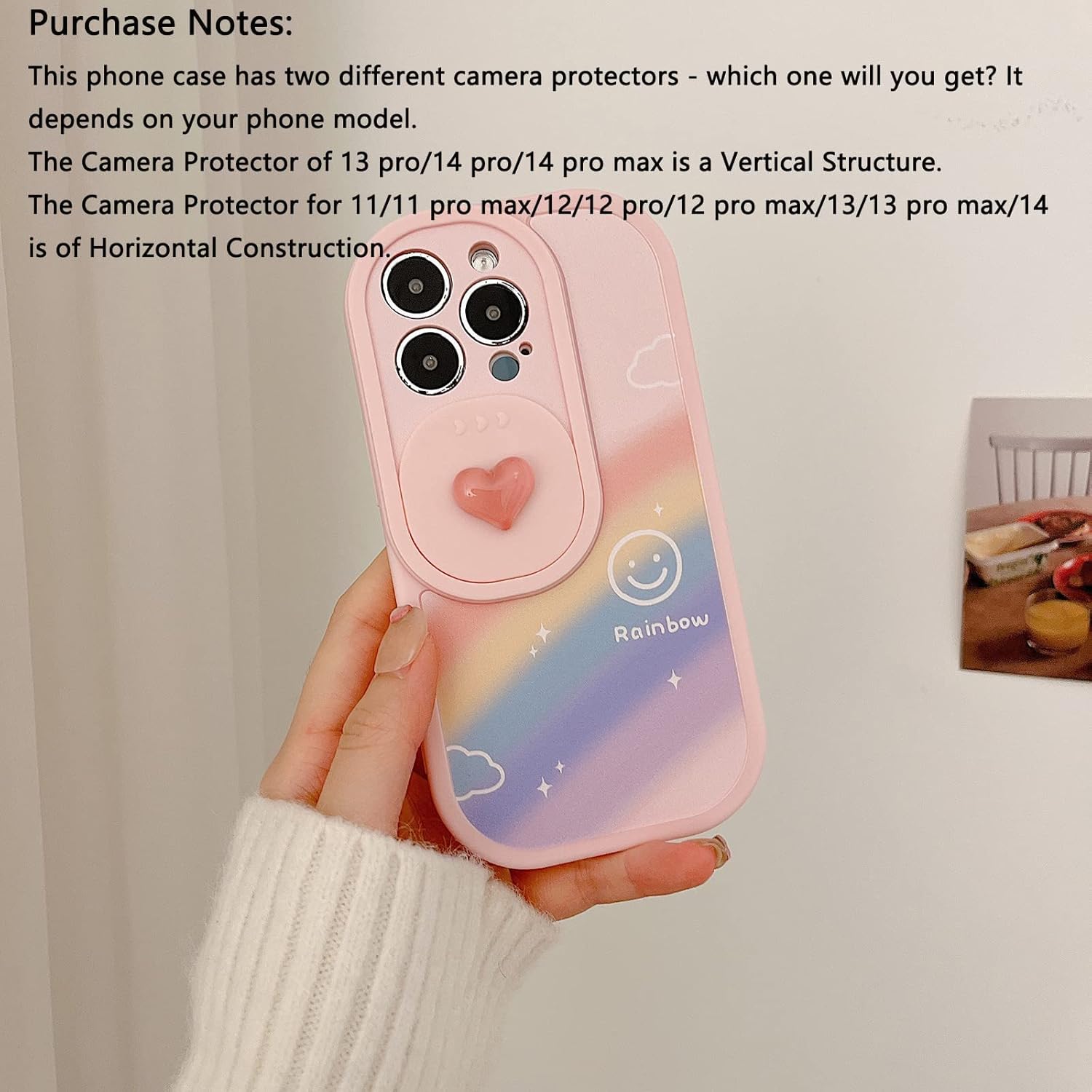 bafokrim Funda de teléfono Kawaii súper protectora para iPhone 11 Pro Max, diseño de arco iris rosa con protector de lente de cámara para mujeres y