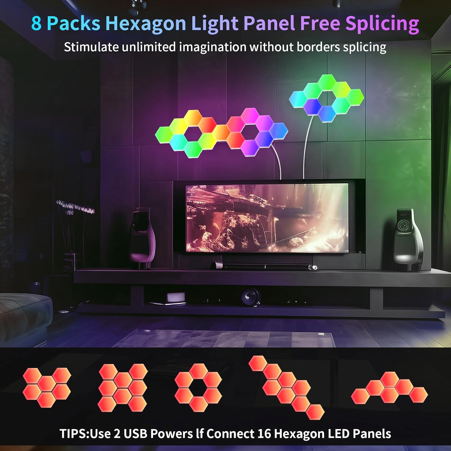 Mindore Paquete de 12 paneles de luz hexagonales, luces LED hexagonales inteligentes RGB con control remoto y sincronización de música, luces LED