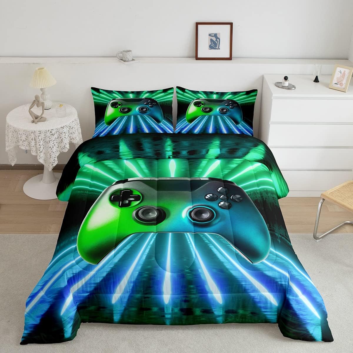 Erosebridal Juego de edredón con estampado de consola de videojuegos, color verde y azul, juego de ropa de cama tamaño Queen moderno con estampado