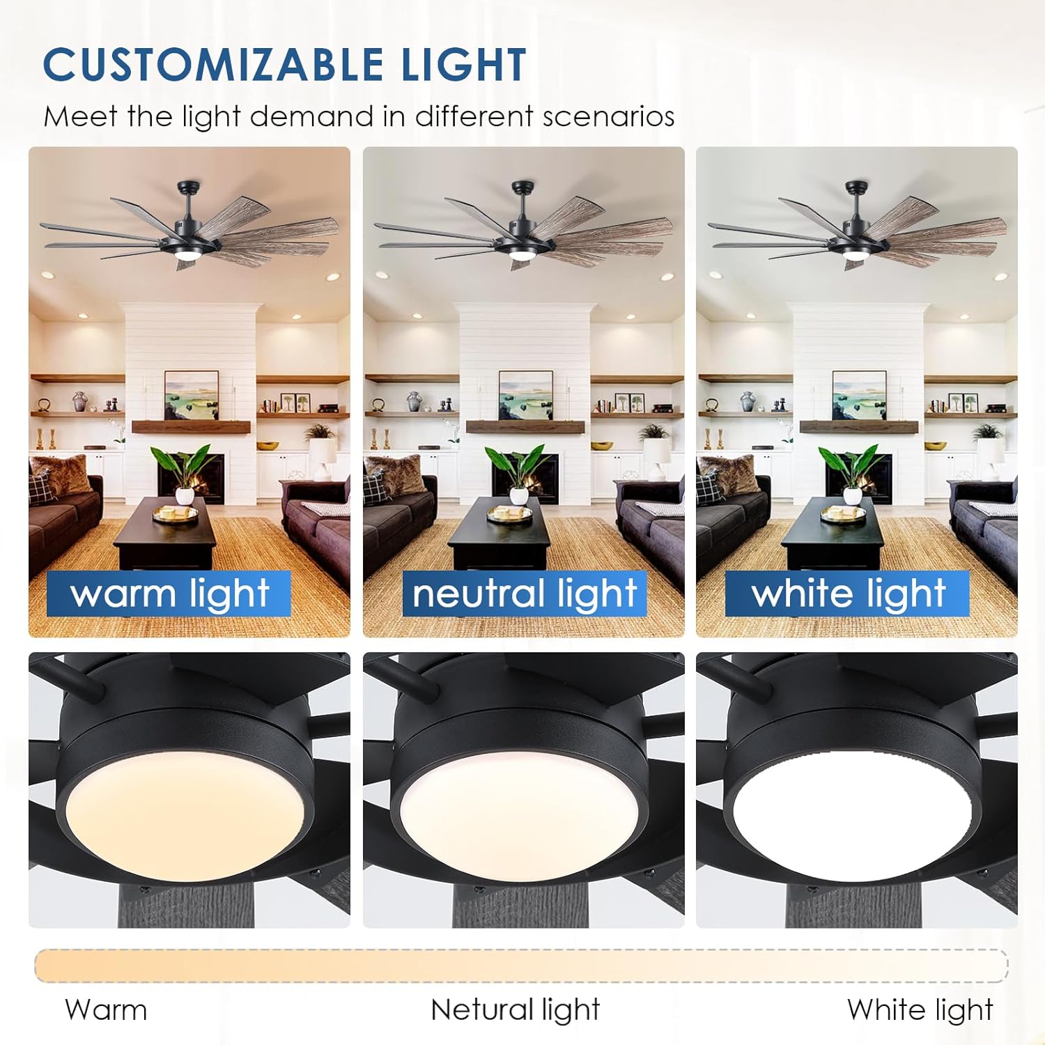 Dannilong Ventiladores de techo de 72 pulgadas con luces, ventilador de techo grande para interiores y exteriores con control remoto, motor