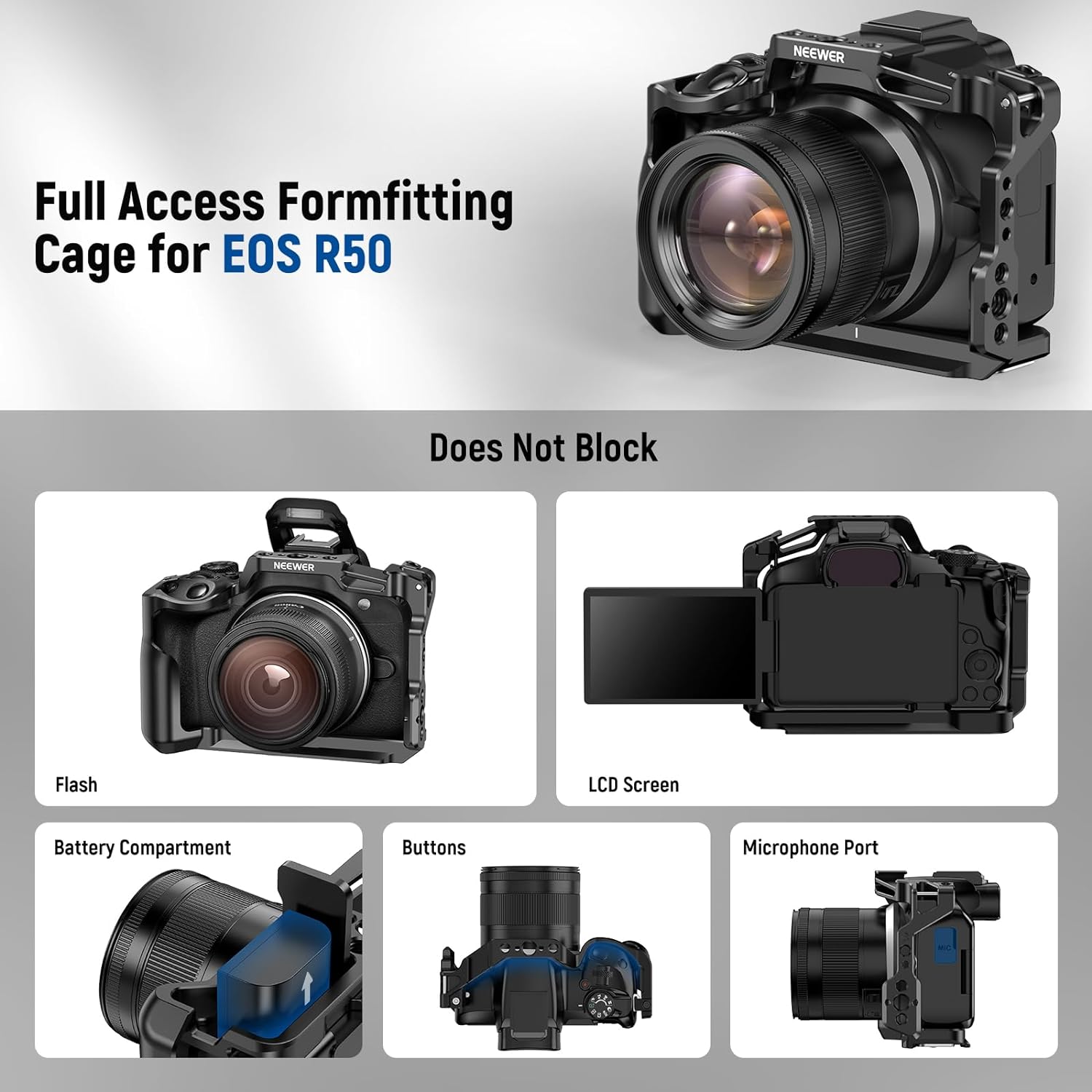 NEEWER Jaula para cámara R50 compatible con Canon EOS R50, plataforma de video de aluminio con riel OTAN, roscas de 14″, agujeros ARRI de 38″,