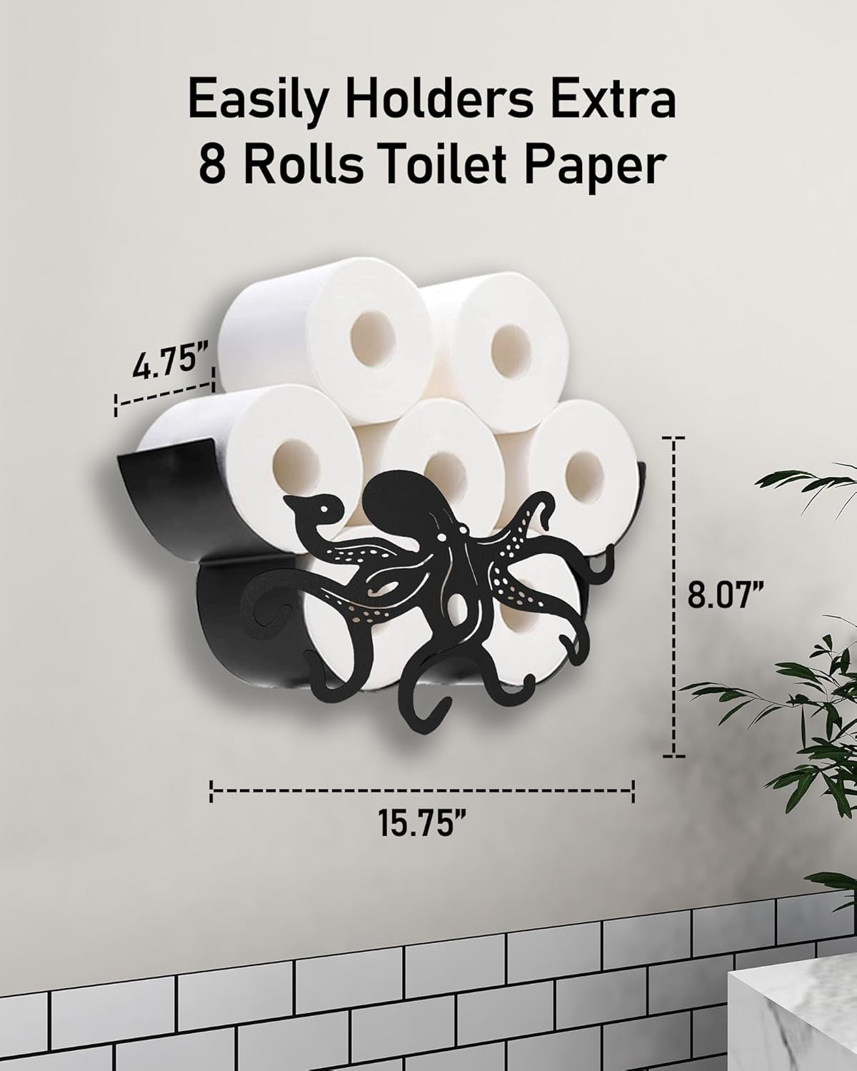 Estante para papel higiénico de pulpo, organizador y almacenamiento de papel higiénico decorativo negro mate para 8 rollos adicionales, divertidos
