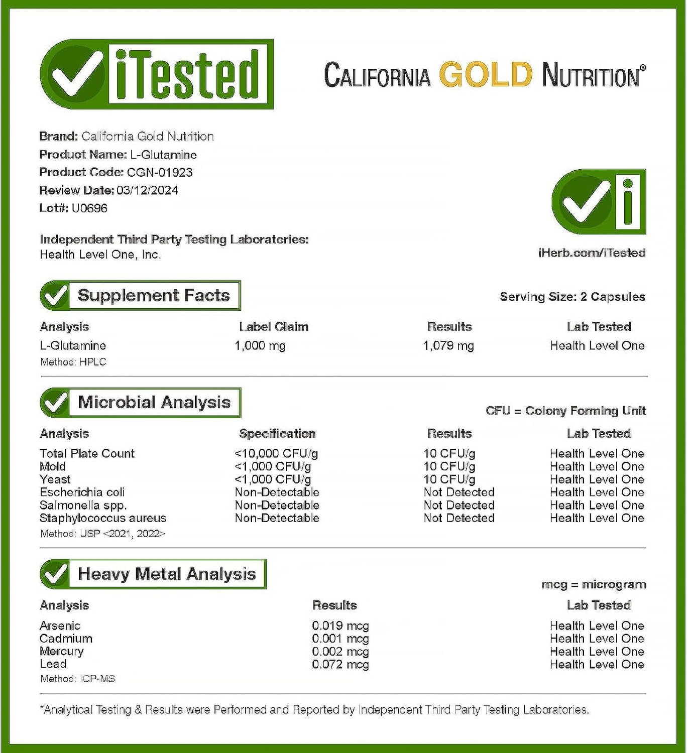 L-Glutamina, AjiPure, 500 mg, 120 Cápsulas Vegetales, California Gold Nutrition