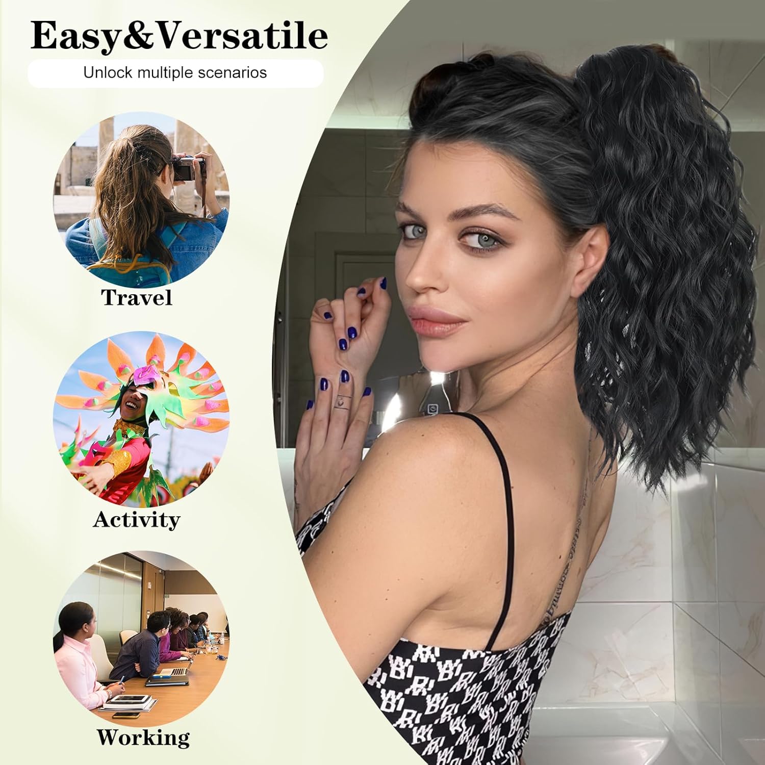Extensión de cola de caballo con clip para mujer, extensión de cola de caballo corta ondulada sintética esponjosa (14 pulgadas, marrón negro)