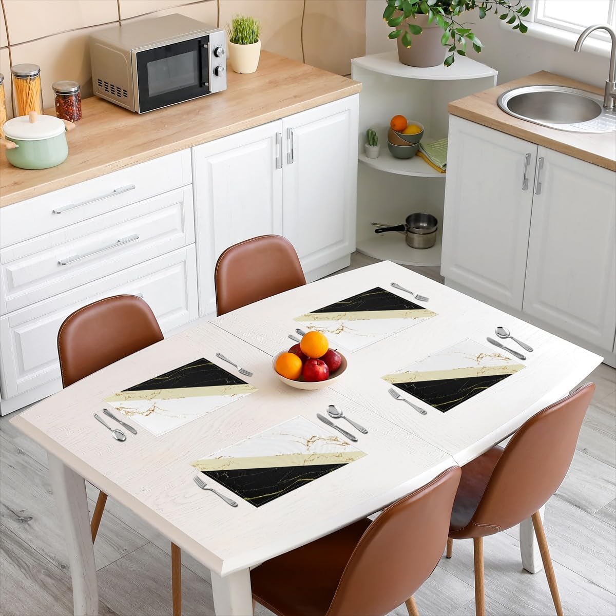 Juego de 4 manteles individuales de mármol amarillo negro y blanco geométrico, triangular, manteles individuales modernos con diseño de mármol para