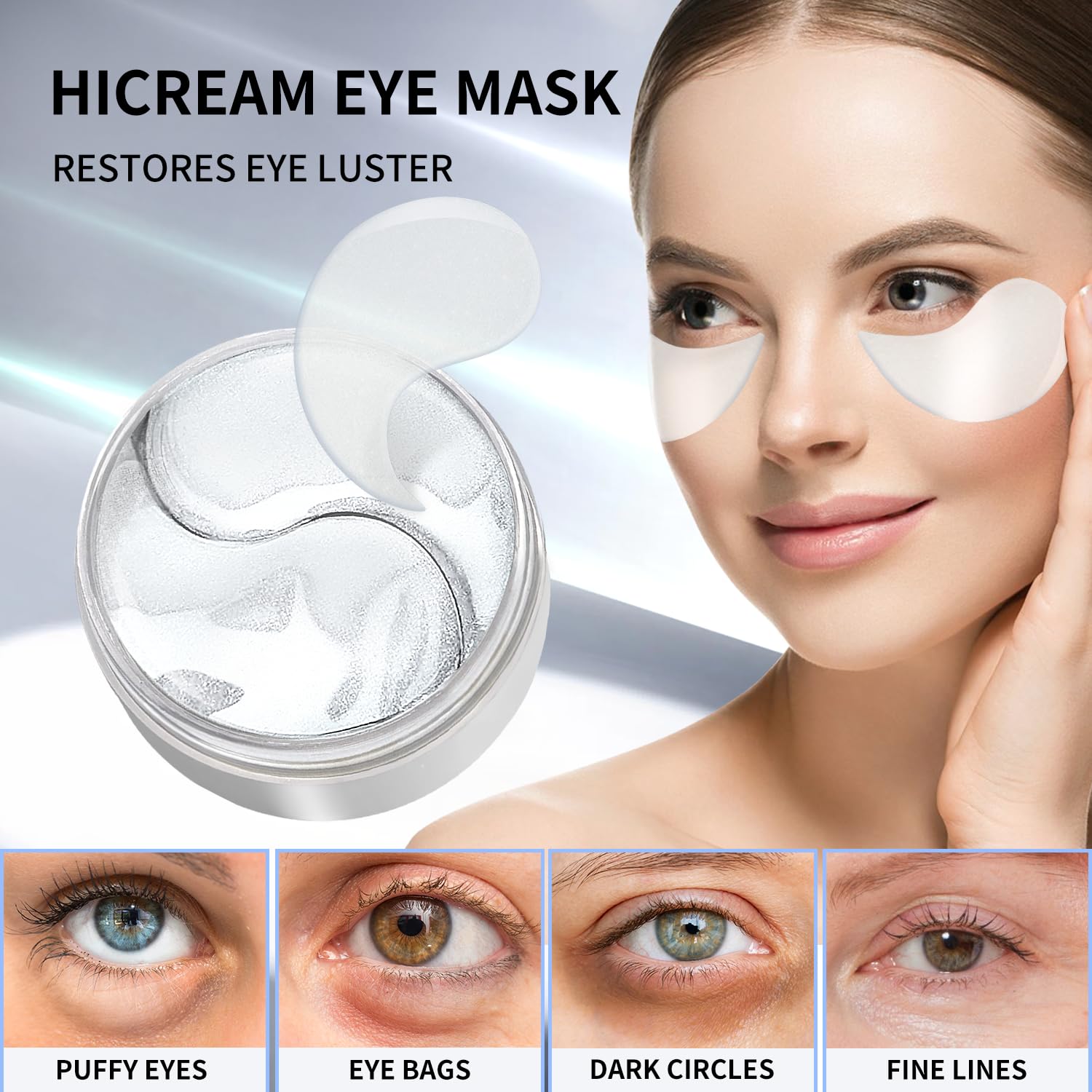 Hicream Advanced Snail Hydrogel Eye Patch 60 parches, máscara de suero de gel, tratamiento debajo de los ojos, forro fino, ojos hinchados,
