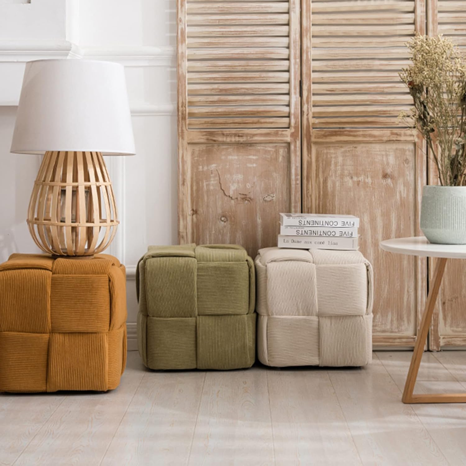 QQXX Puf otomano tejido hecho a mano, taburete tapizado de terciopelo, moderno reposapiés cuadrado acolchado para sala de estar, dormitorio, entrada