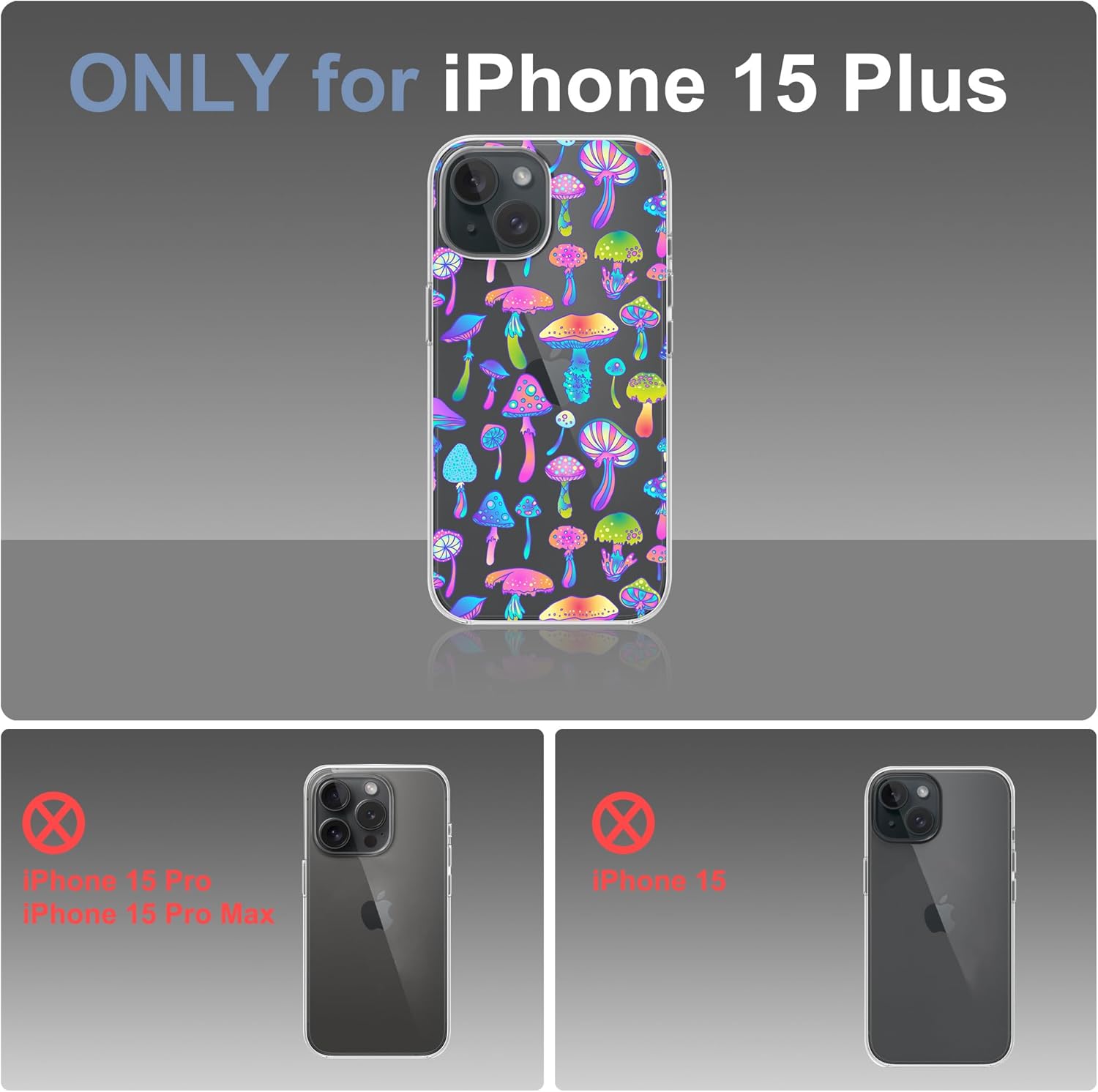 Funda diseñada para iPhone 15 Plus, diseño de hongos psicodélicos mágicos, funda transparente de hongos coloridos hippies para iPhone 15 Plus, a