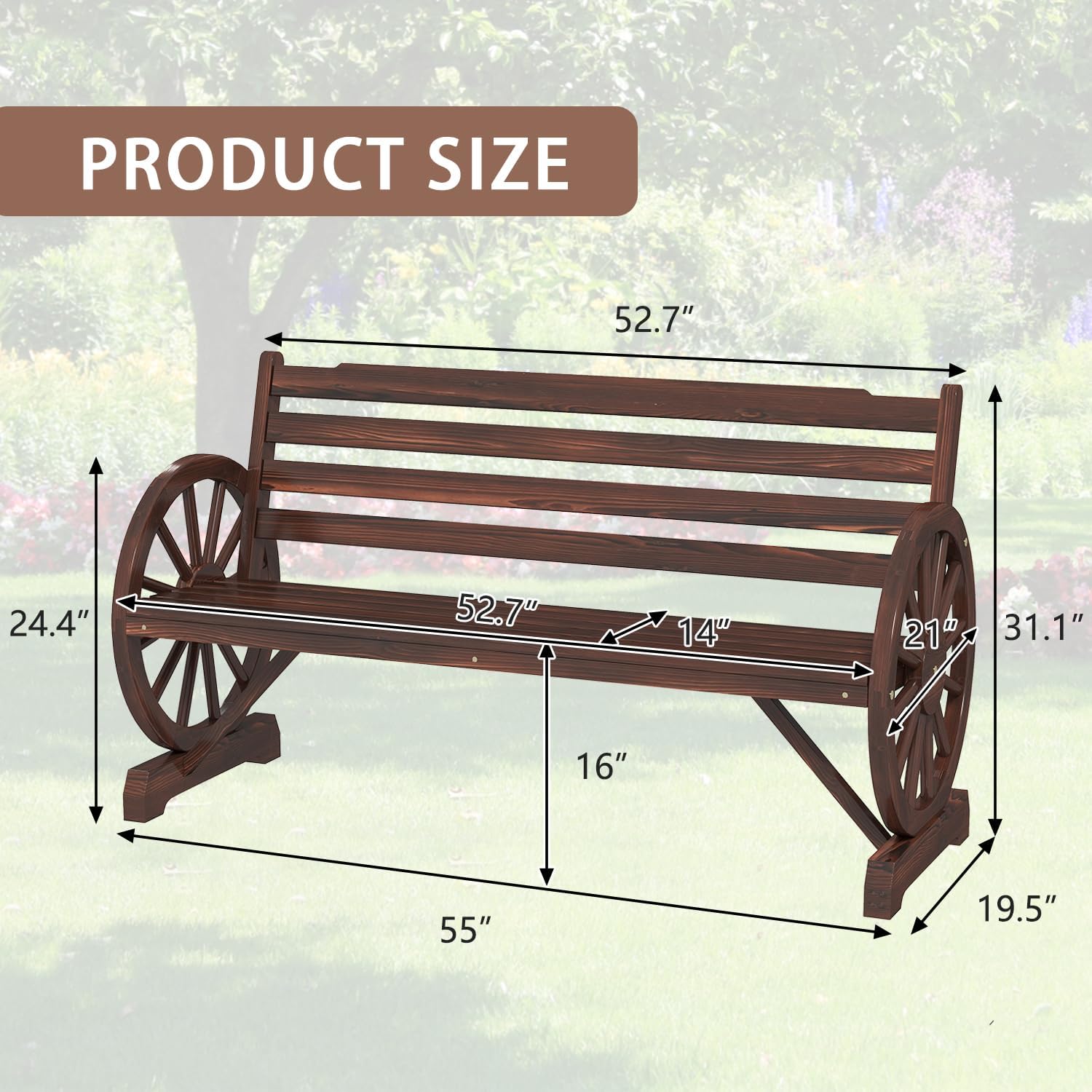 kinbor Banco rústico de madera de 55 pulgadas, asiento de banco para exteriores, banco para 2 personas con respaldo