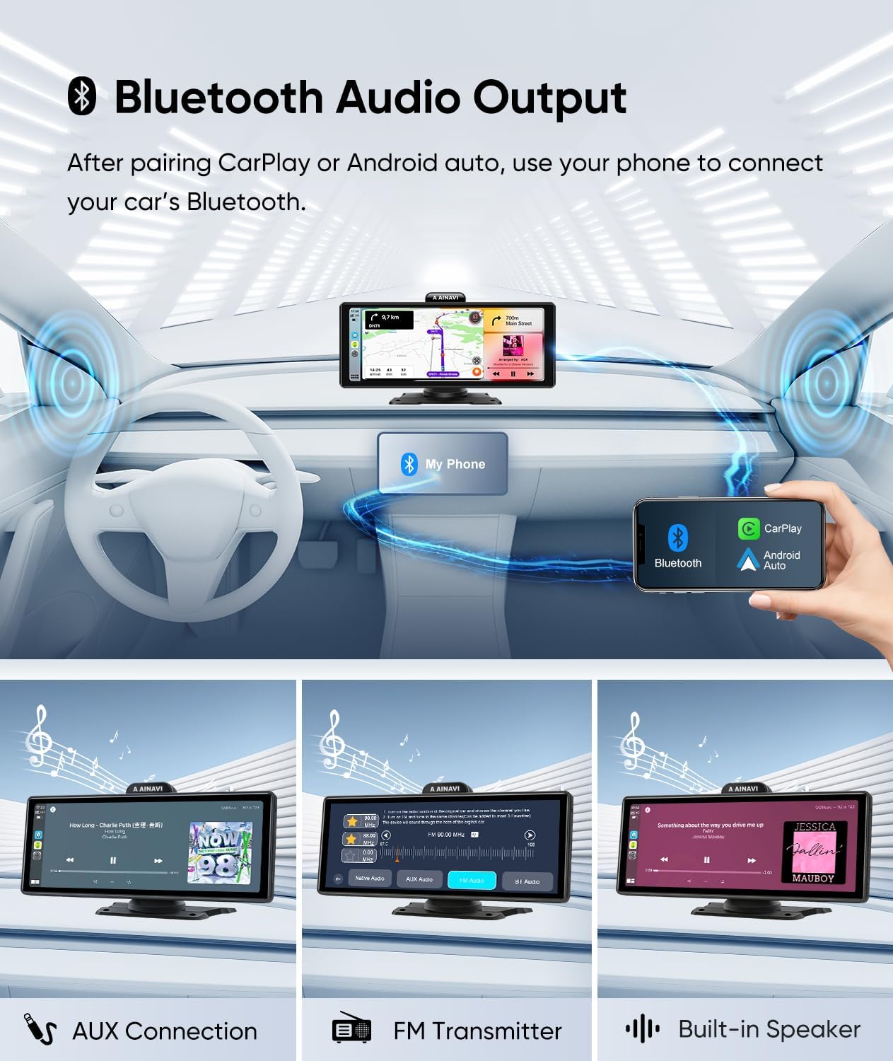 Apple Carplay inalámbrico de 10.26 pulgadas y Android Auto, estéreo portátil para automóvil con cámara de tablero 4K, cámara de respaldo de 1080P,