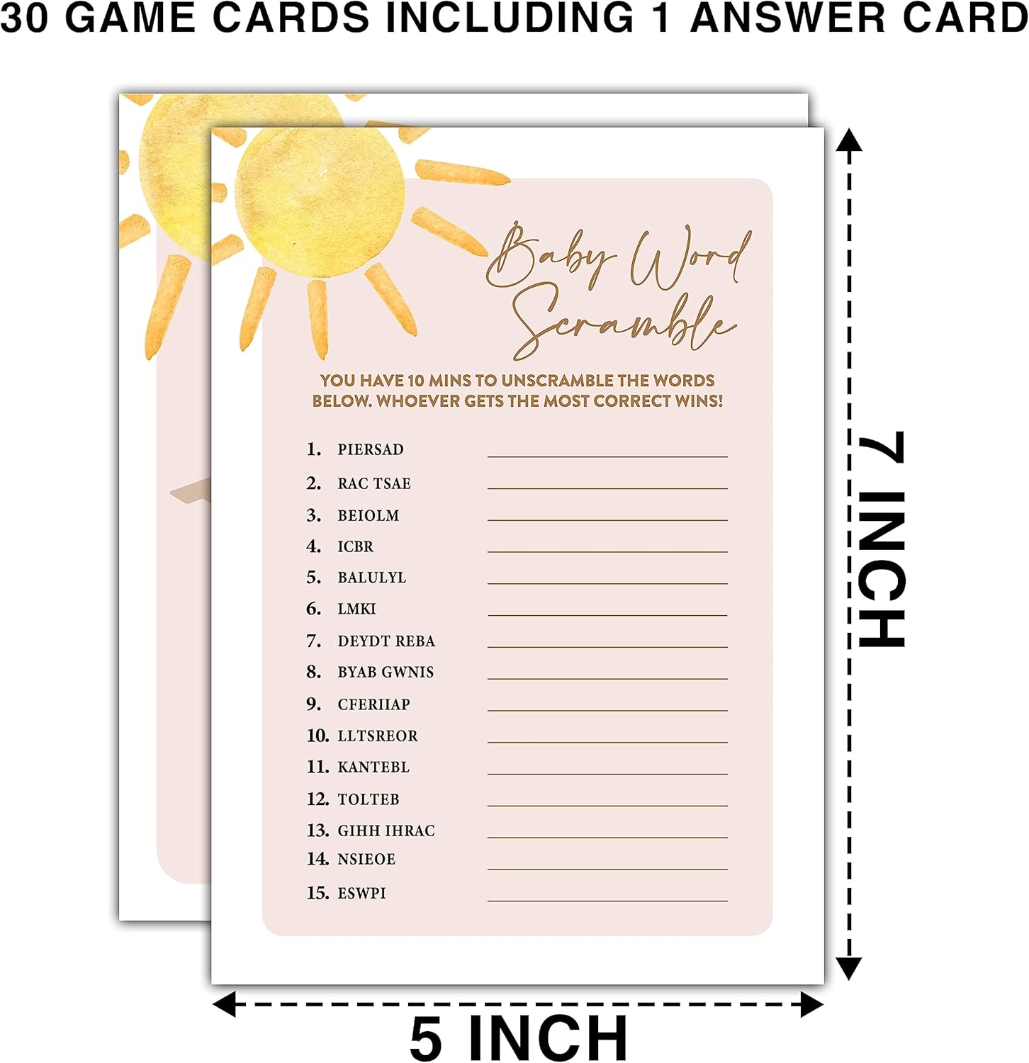 Boho Sunshine – 30 tarjetas de juego de palabras para bebé con 1 tarjeta de respuesta, suministros de fiesta de revelación de género (5 x 7