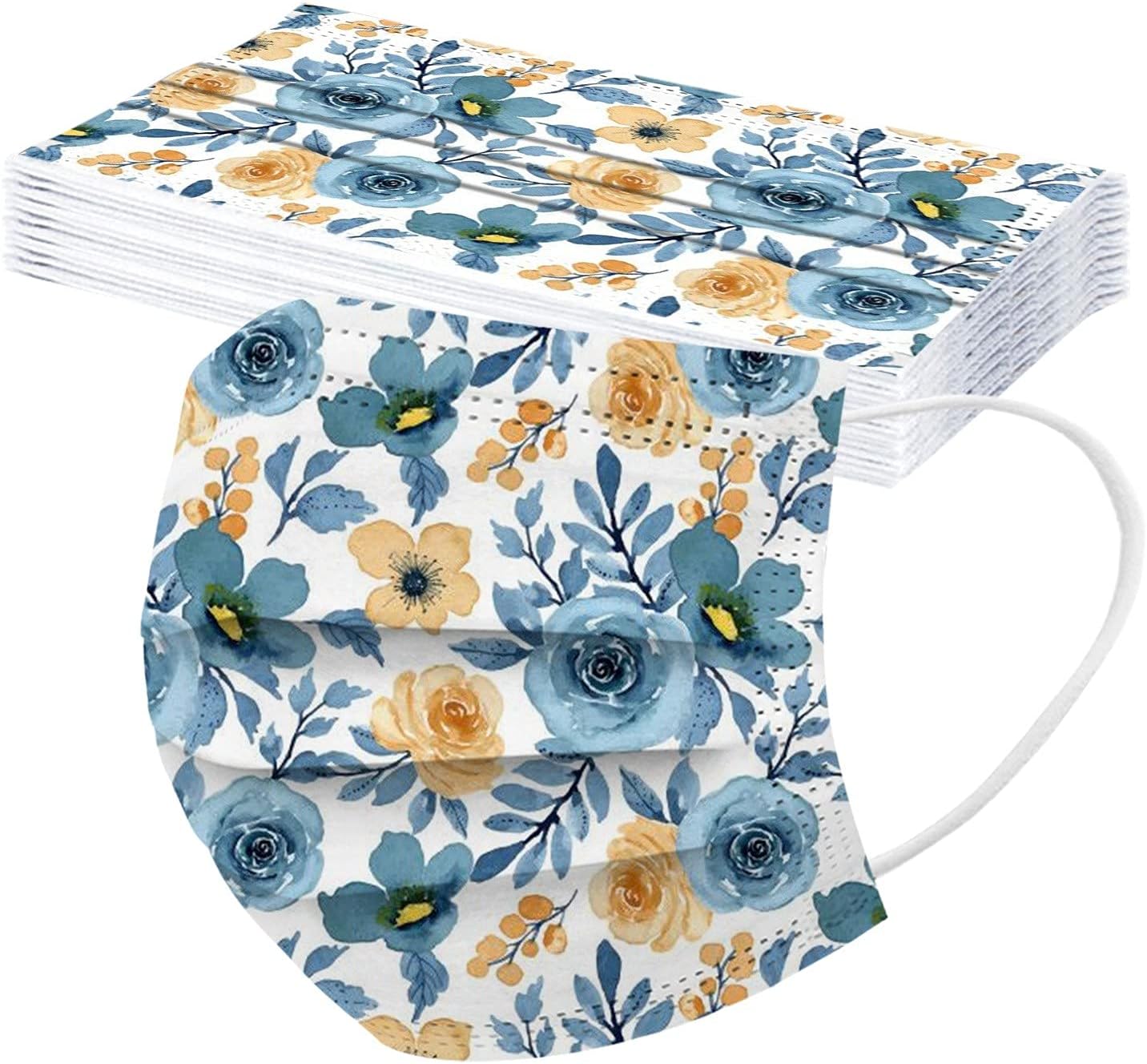 50 cubrebocas desechables con estampado floral de primavera con diseño para mujer, patrón de flores de 3 capas de protección con alambre para la