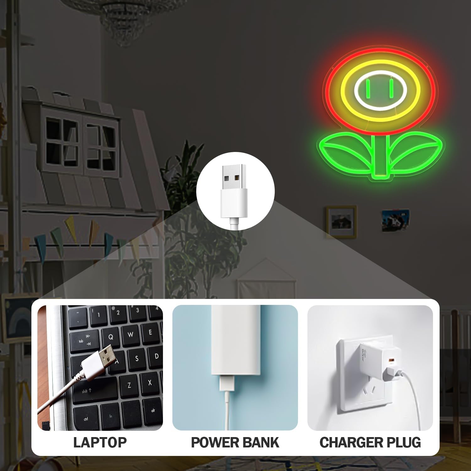 Letrero de neón de flores de fuego, luz de neón para juegos, sala de juegos, dormitorio de niños, cueva del juego, letreros de neón para decoración