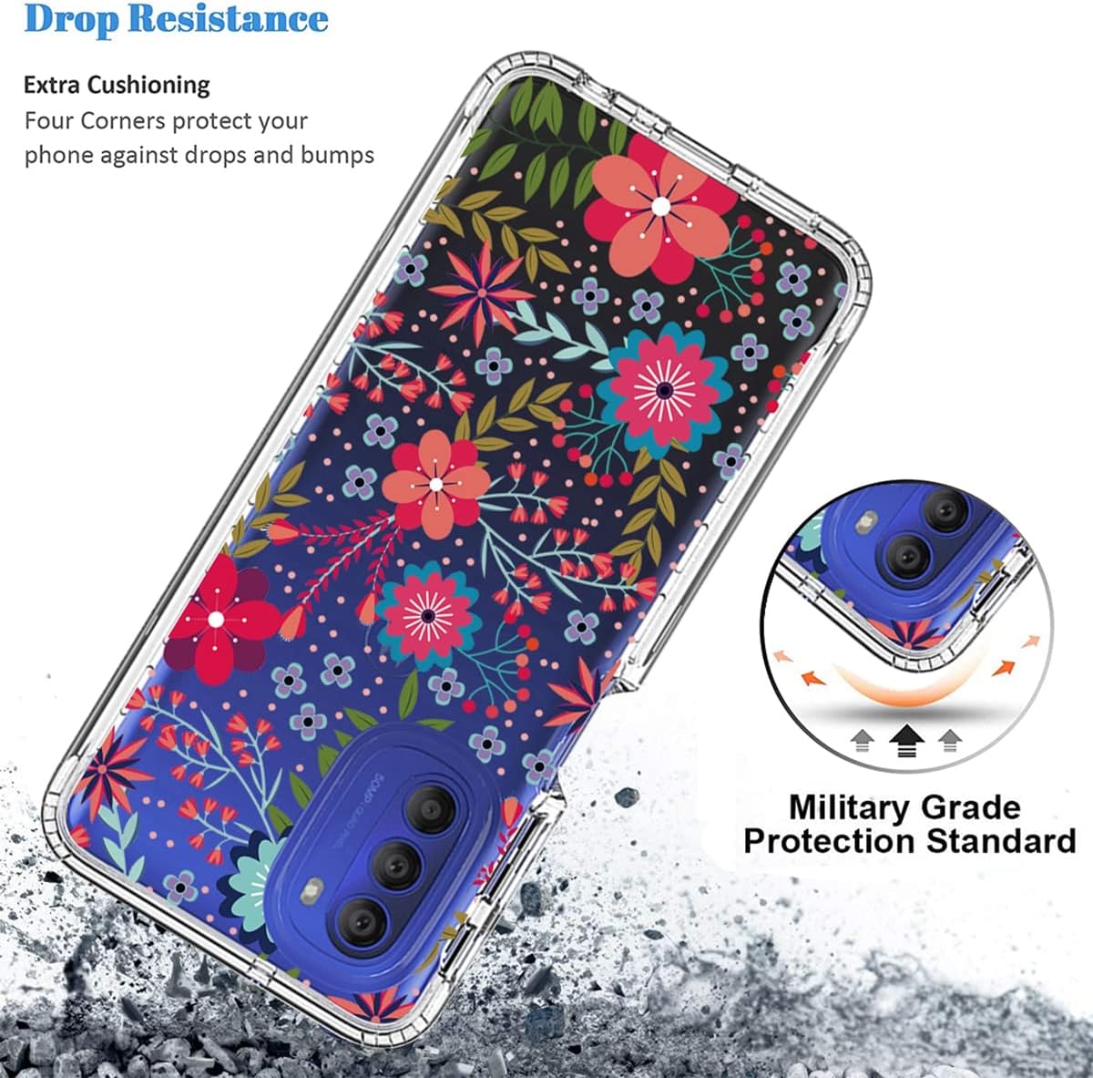 Vokuha Funda para Moto G51, Motorola G51 5G XT2171-1 con protector de pantalla de vidrio templado, funda protectora de TPU transparente floral a
