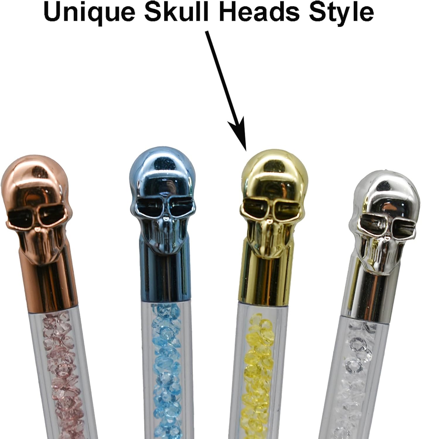 Maydahui 12 bolígrafos de Halloween con forma de cabeza de calavera retráctil, diamantes de imitación brillantes, bolígrafos de colores de arena