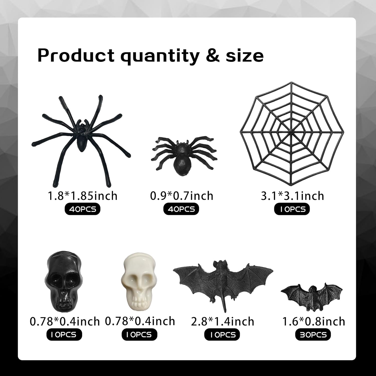 DRWATE Murciélagos de plástico para Halloween, arañas, cabeza de cráneo, 150 unidades, mini murciélagos, arañas, cabezas de cráneo, telarañas para