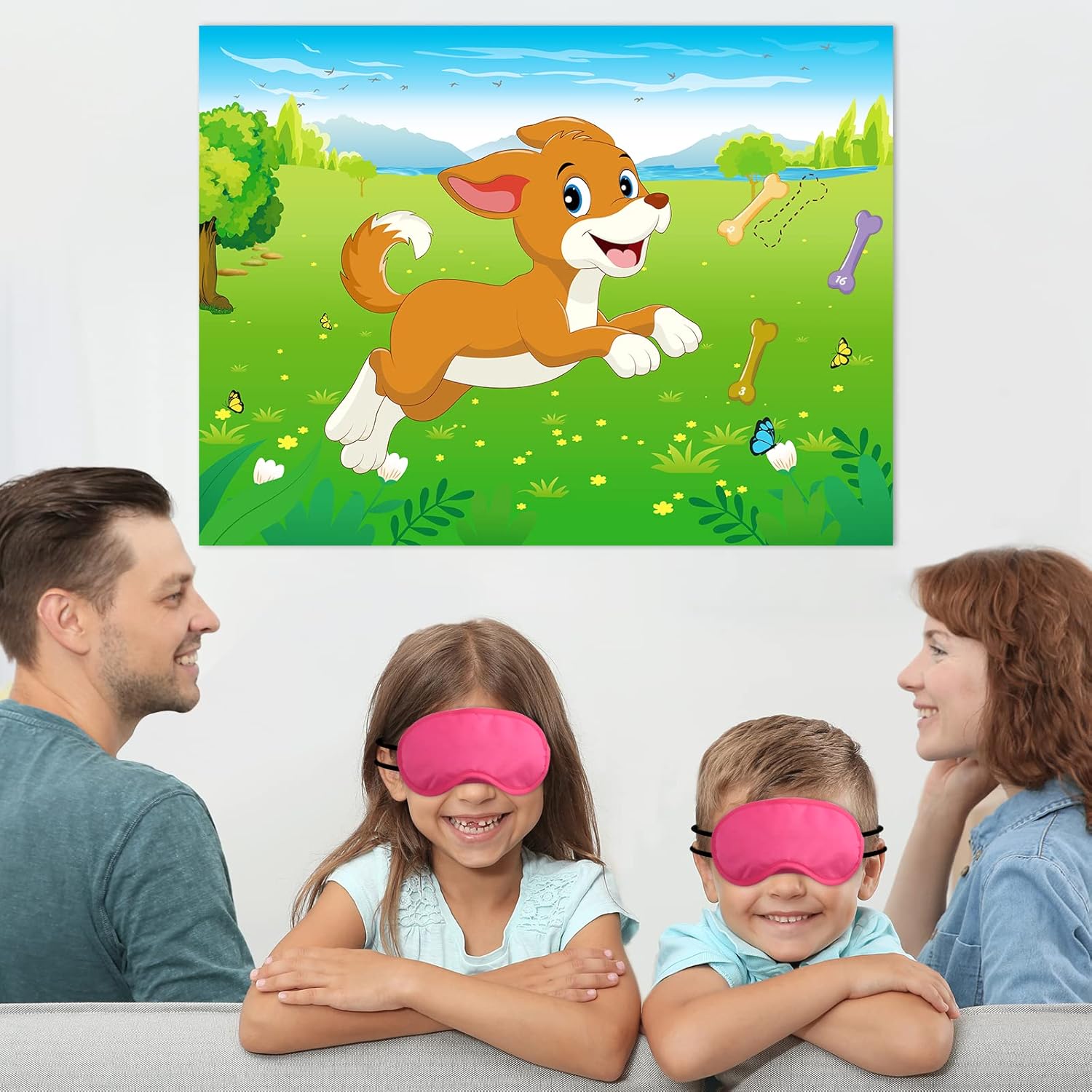Morcheiong Juego de fiesta de cumpleaños Pin The Tail on The Dog con 48 huesos, dale al cachorro un juego de huesos para niños, decoración de fiesta