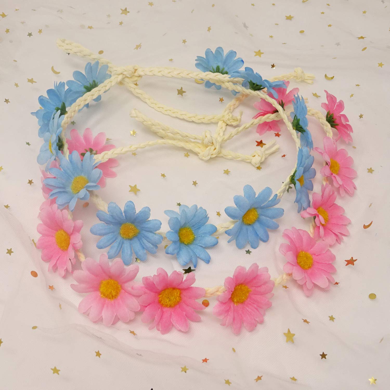 Honbay Diadema floral de moda, 2 unidades, diseño de margaritas, corona de pelo para festival, diadema nupcial (rosa + azul)