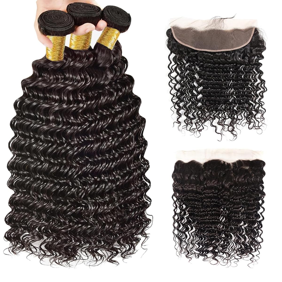 Weydlor Extensiones de ondas profundas con encaje frontal de 13 x 4, cabello humano de 18, 20, 22+16 pulgadas, 3 paquetes con encaje frontal, 100%