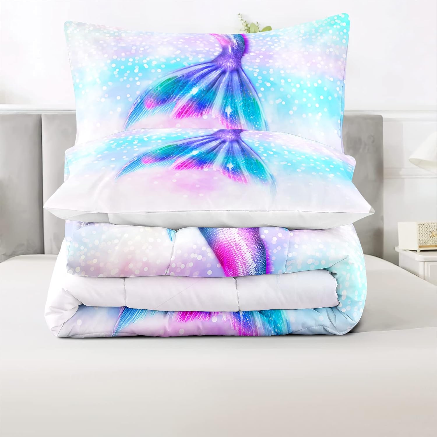Juego de edredón para niños, tamaño individual, funda de edredón de sirena con escamas de pescado, arco iris, para niñas, niños, adolescentes,